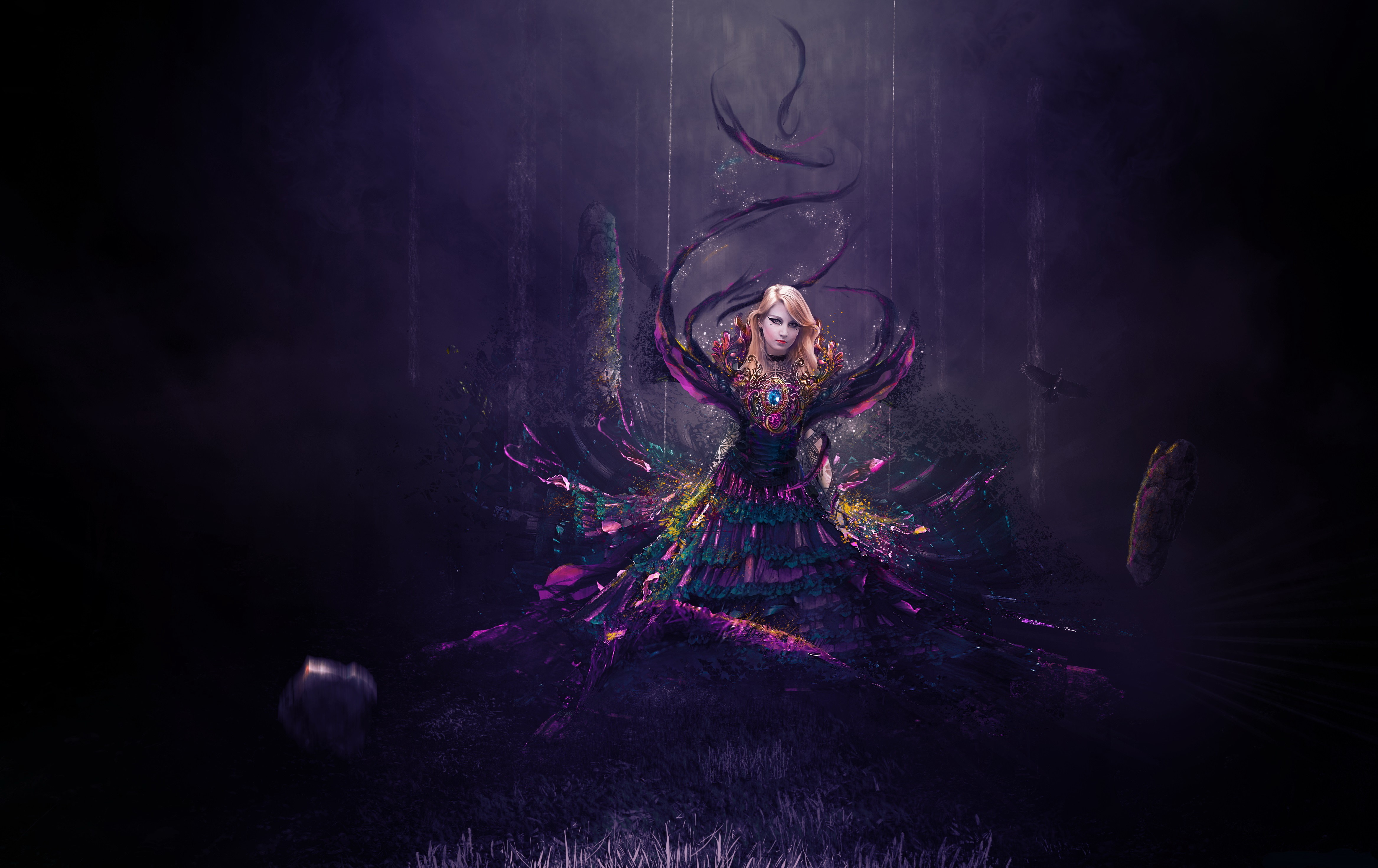 4K Blonde girl with magic dress at night HD Wallpaper