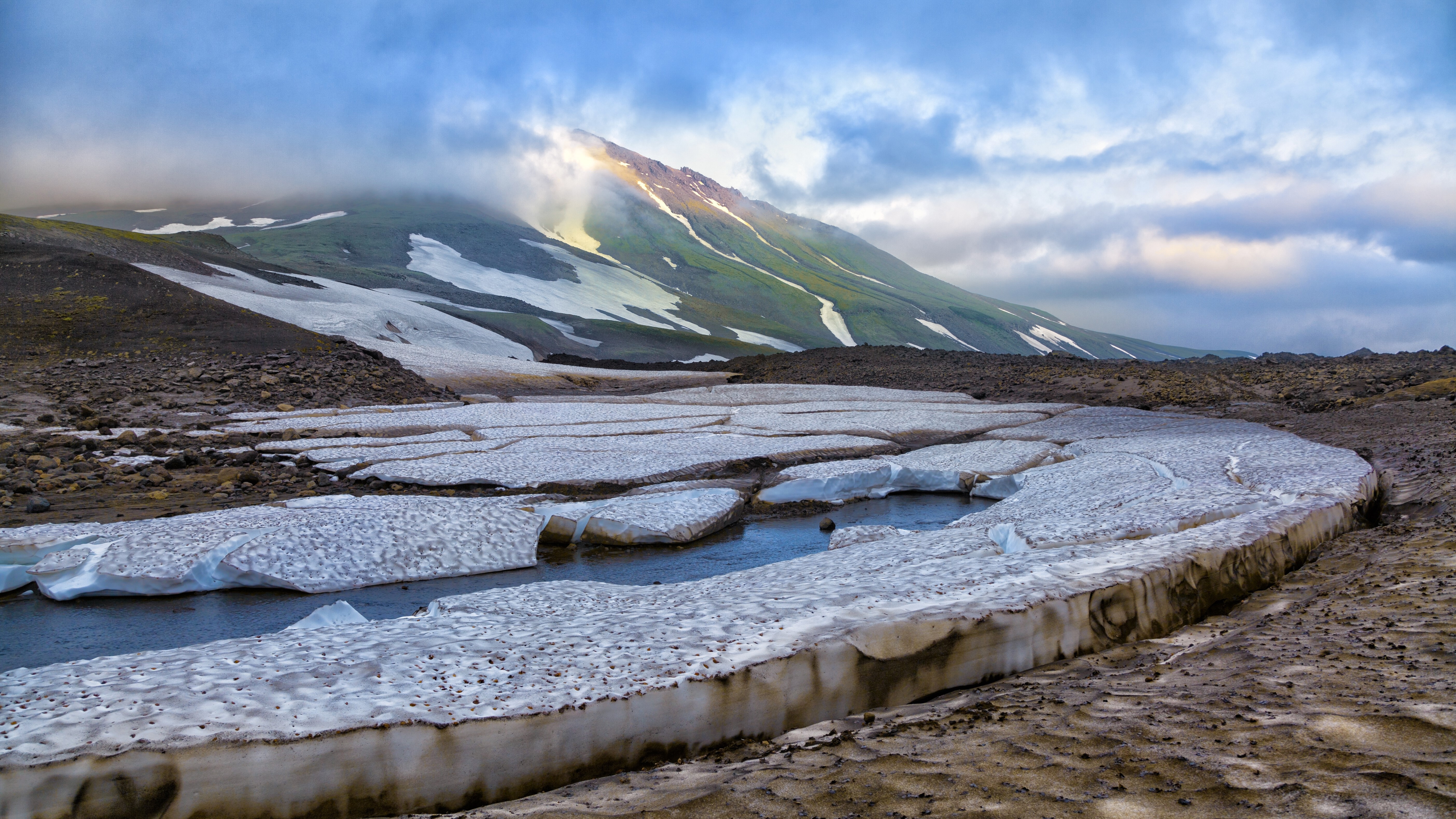 Kamchatka Peninsula Mountains with Ice and River HD Wallpaper