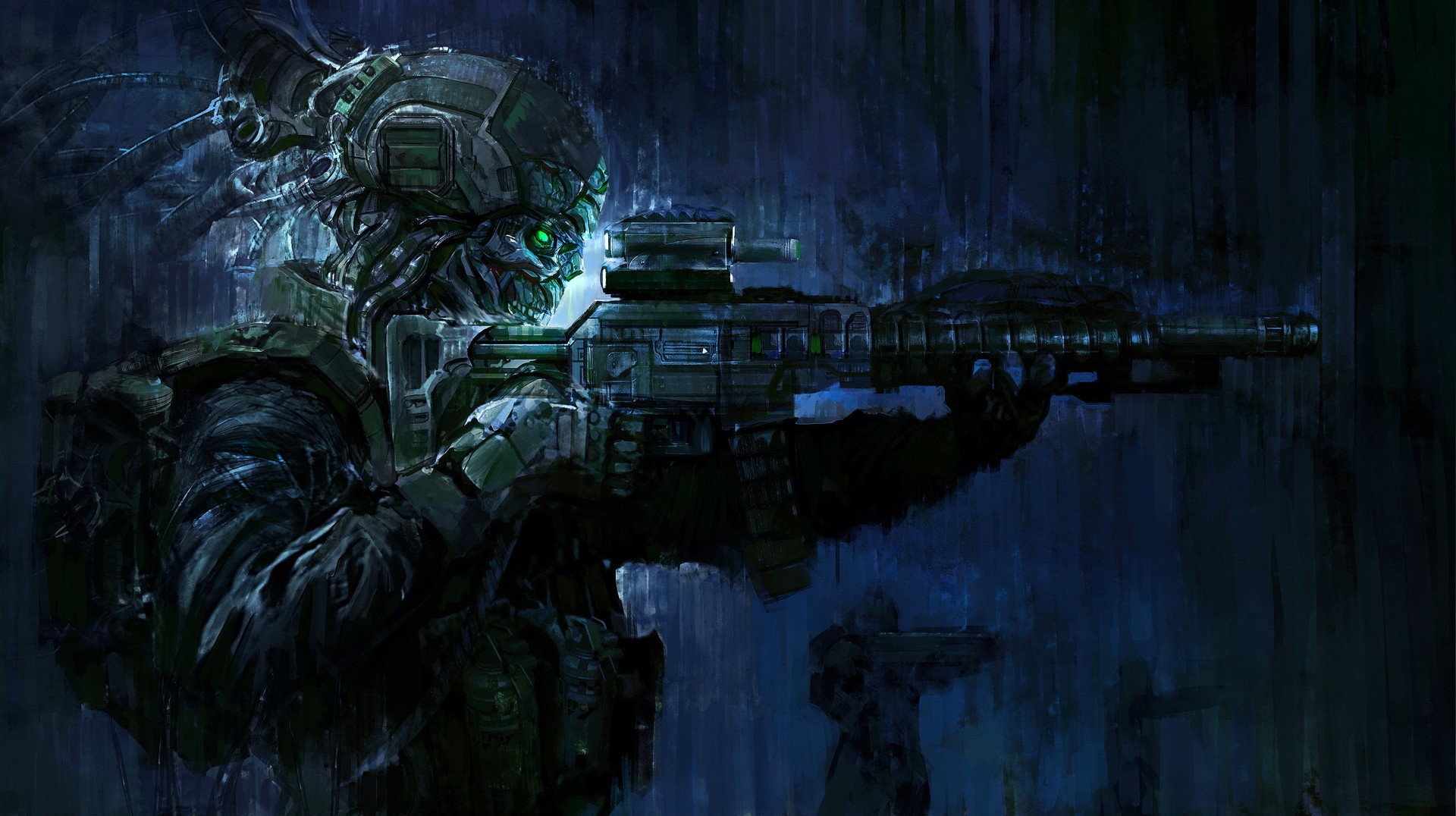 Cybernetic soldier with assault rifle in rain HD Wallpaper