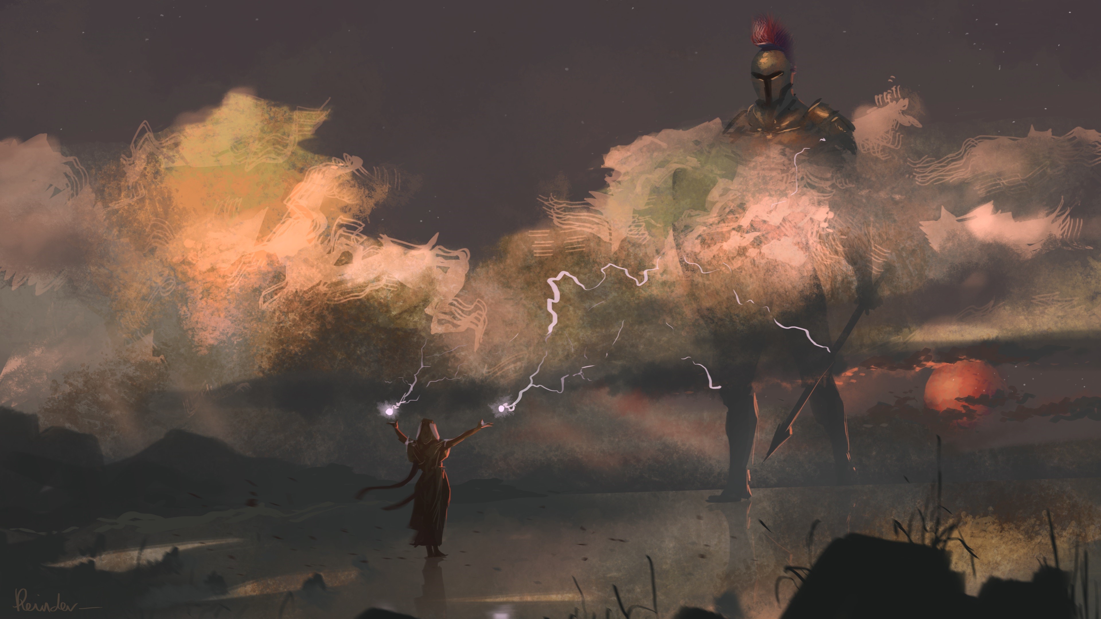Priestess of Mars casting magic at a giant warrior HD Wallpaper