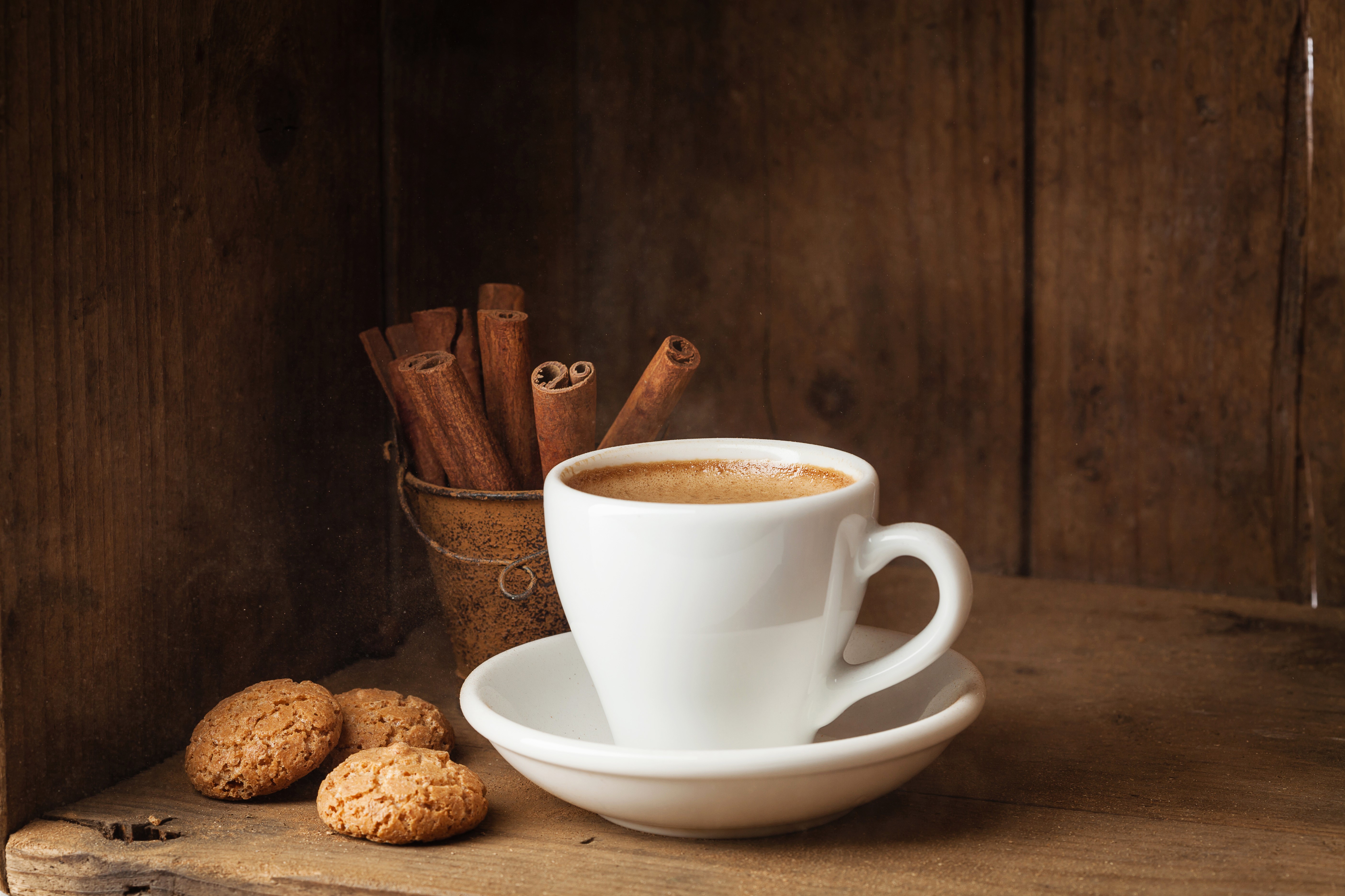 Coffee cup with cinnamon sticks and cookies HD Wallpaper