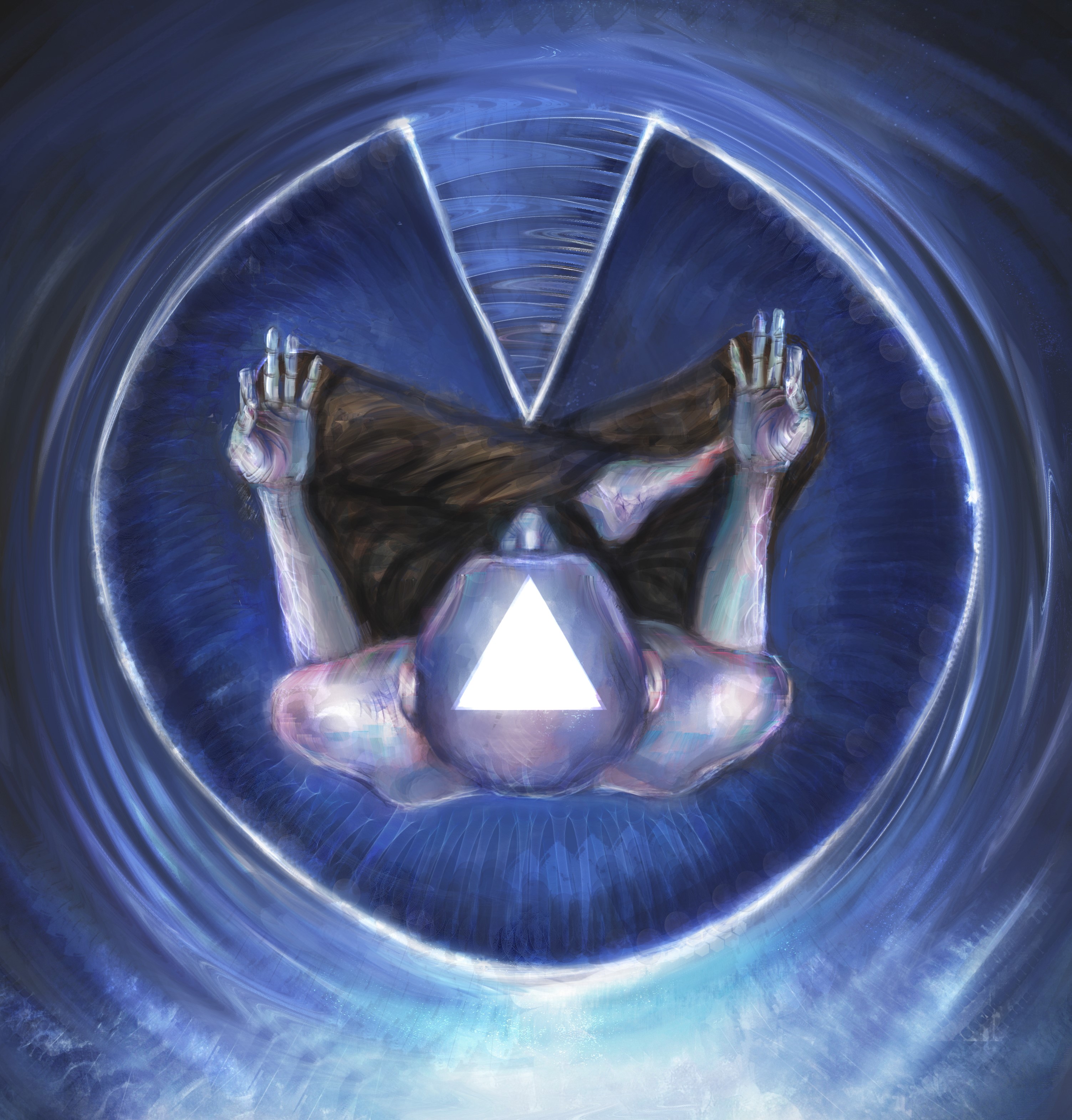 Man meditating with a glowing triangle on his head HD Wallpaper