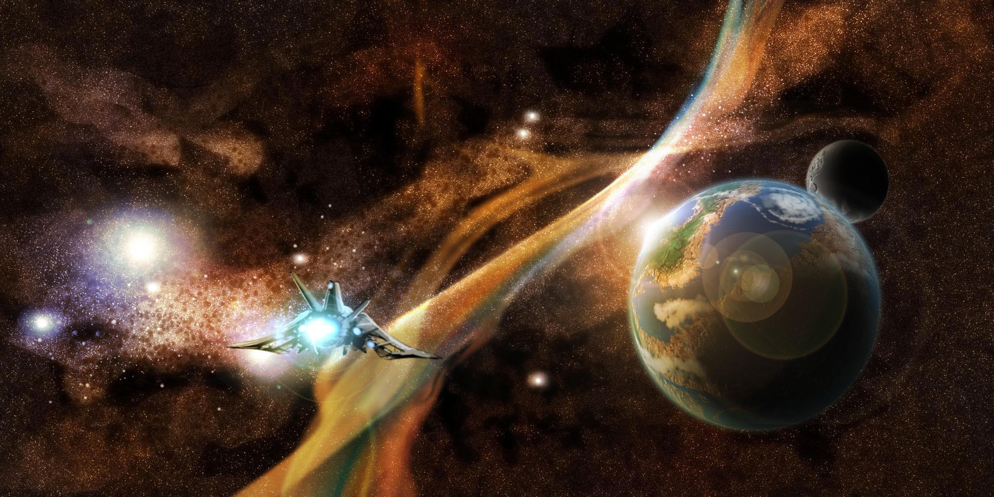 Starship near a planet and moon in a nebula HD Wallpaper