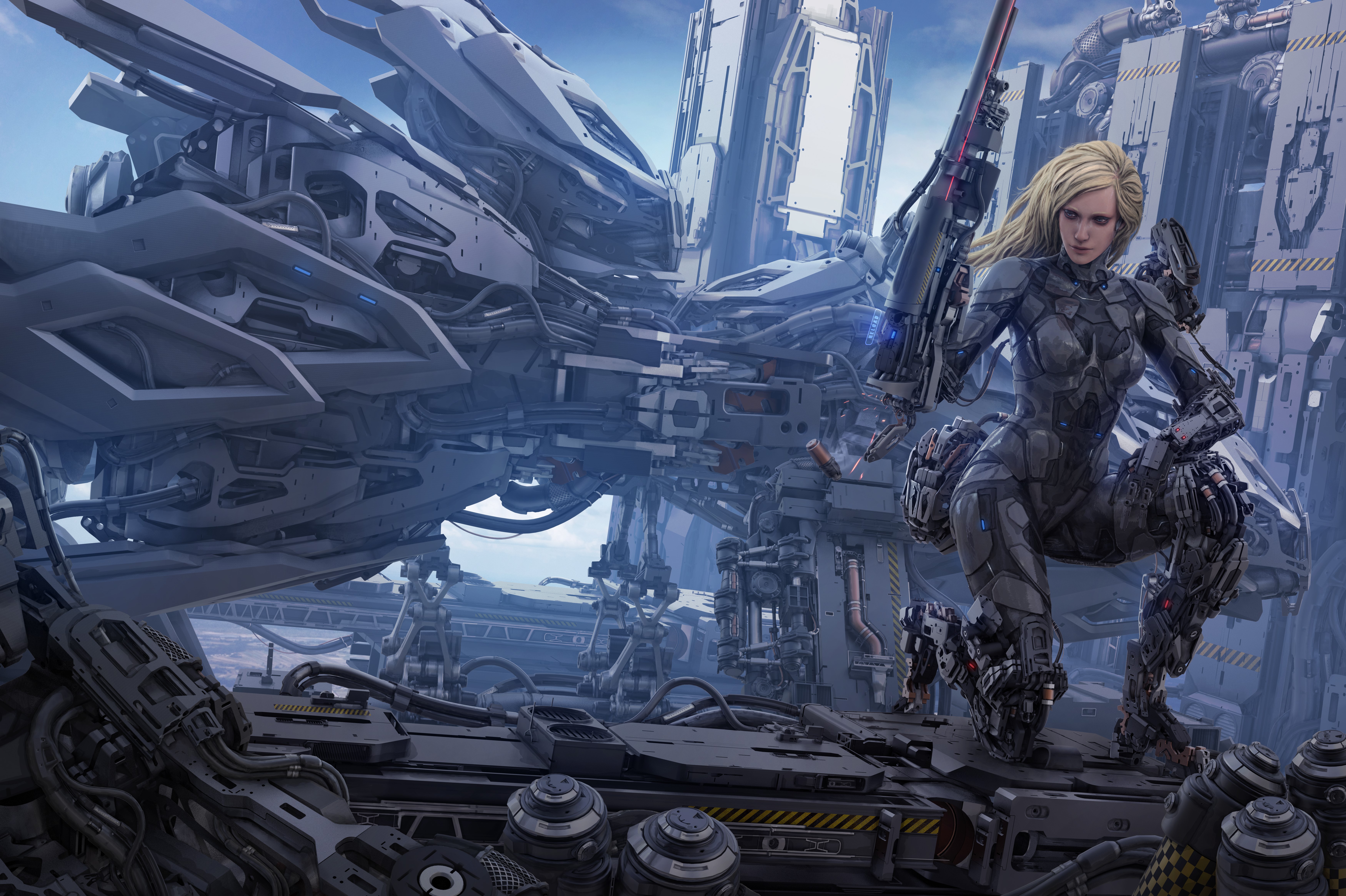 Cyborg warrior with rifle in futuristic industrial setting HD Wallpaper