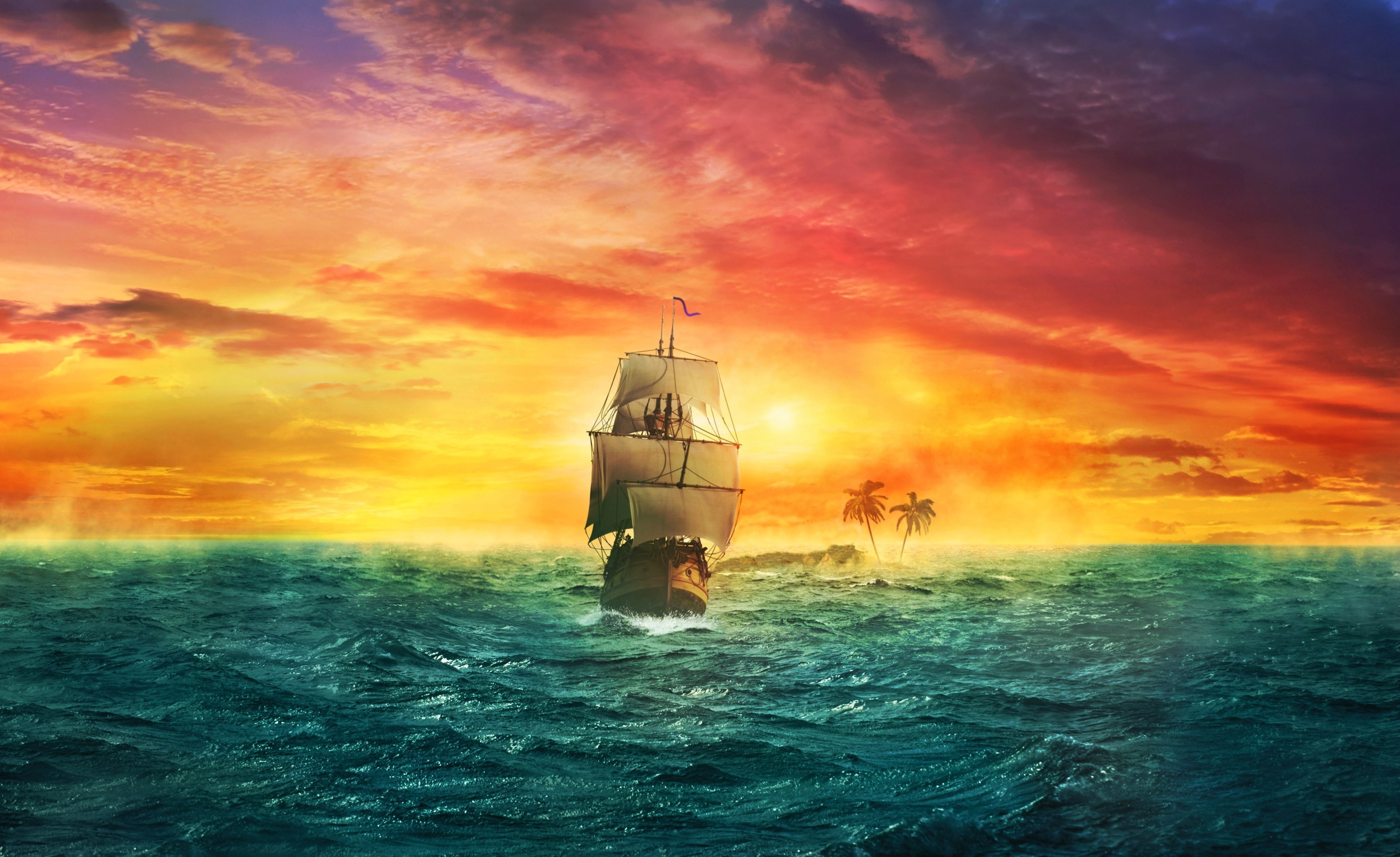 Sailboat sailing on the sea at sunset HD Wallpaper