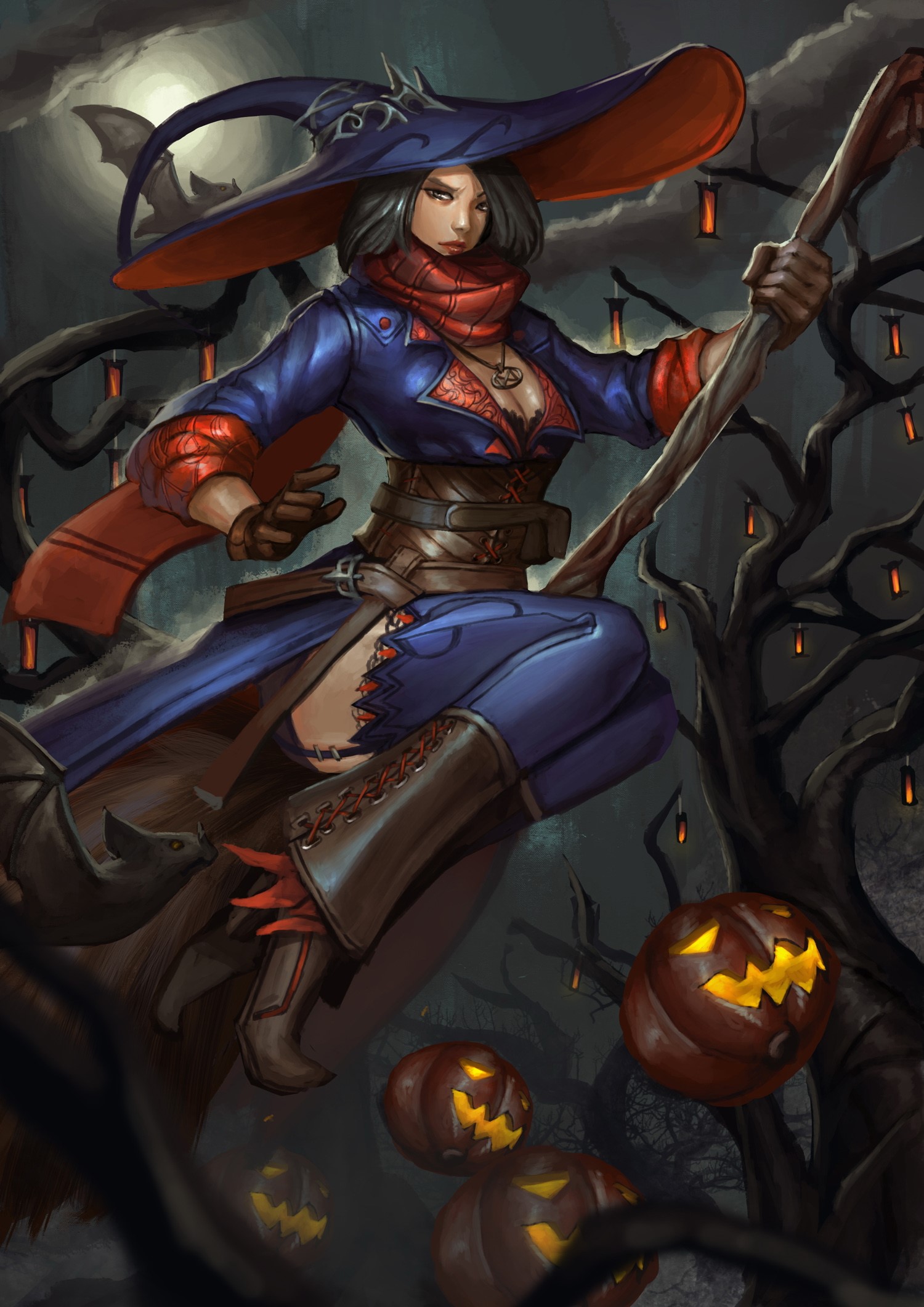 Witch flying on a broomstick at night with pumpkins HD Phone Wallpaper