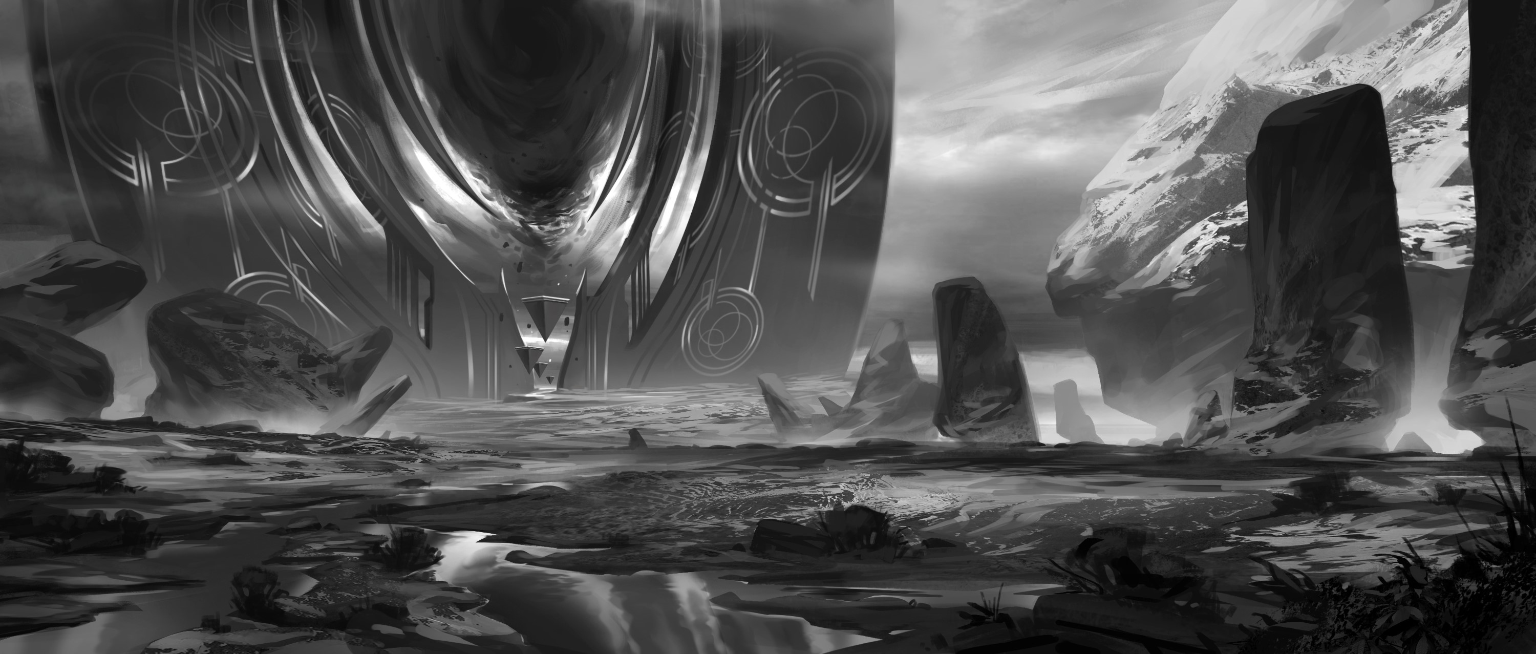 Alien structure in a rocky, mountainous landscape HD Wallpaper