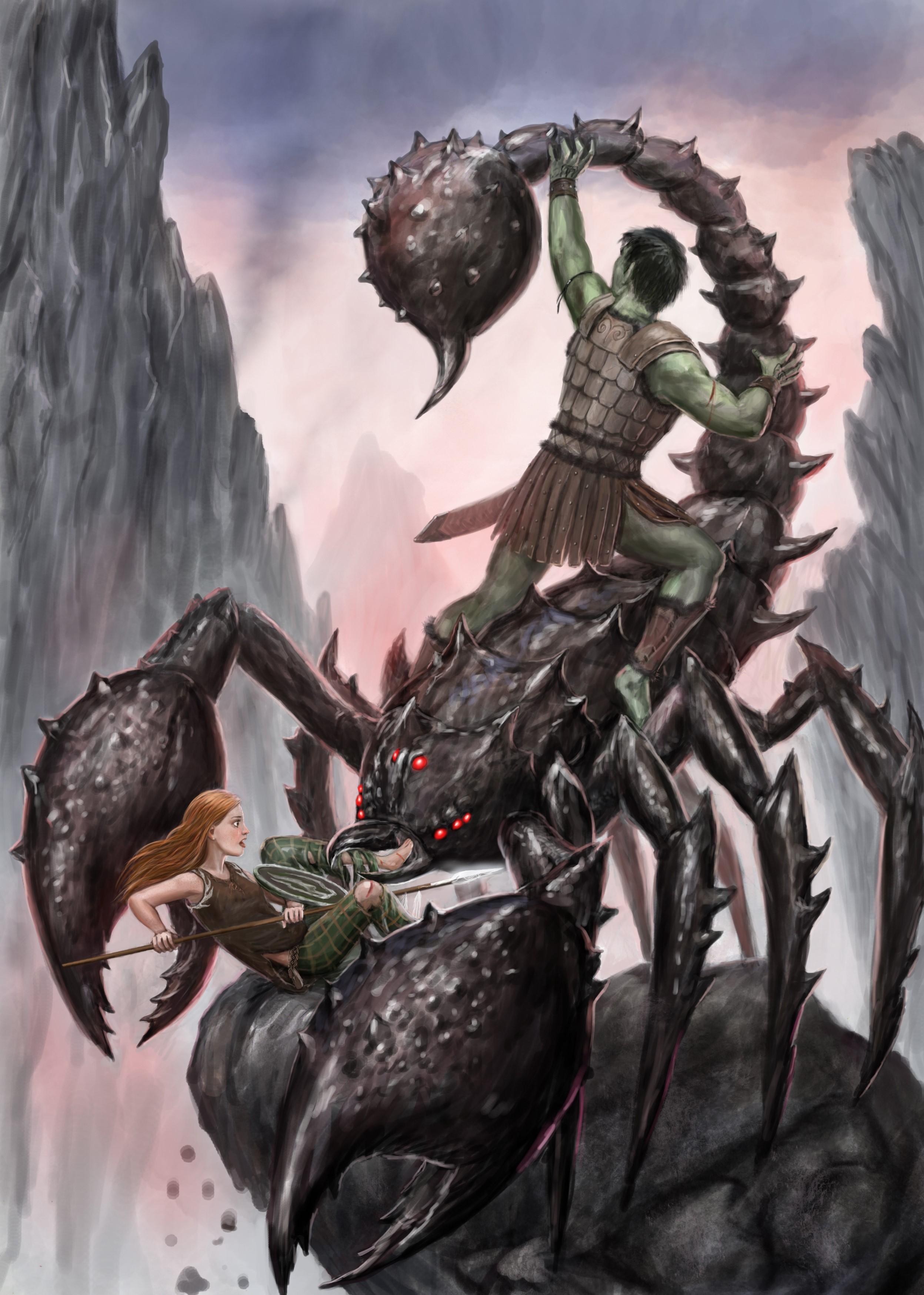 Warrior riding a giant scorpion fighting a girl HD Phone Wallpaper