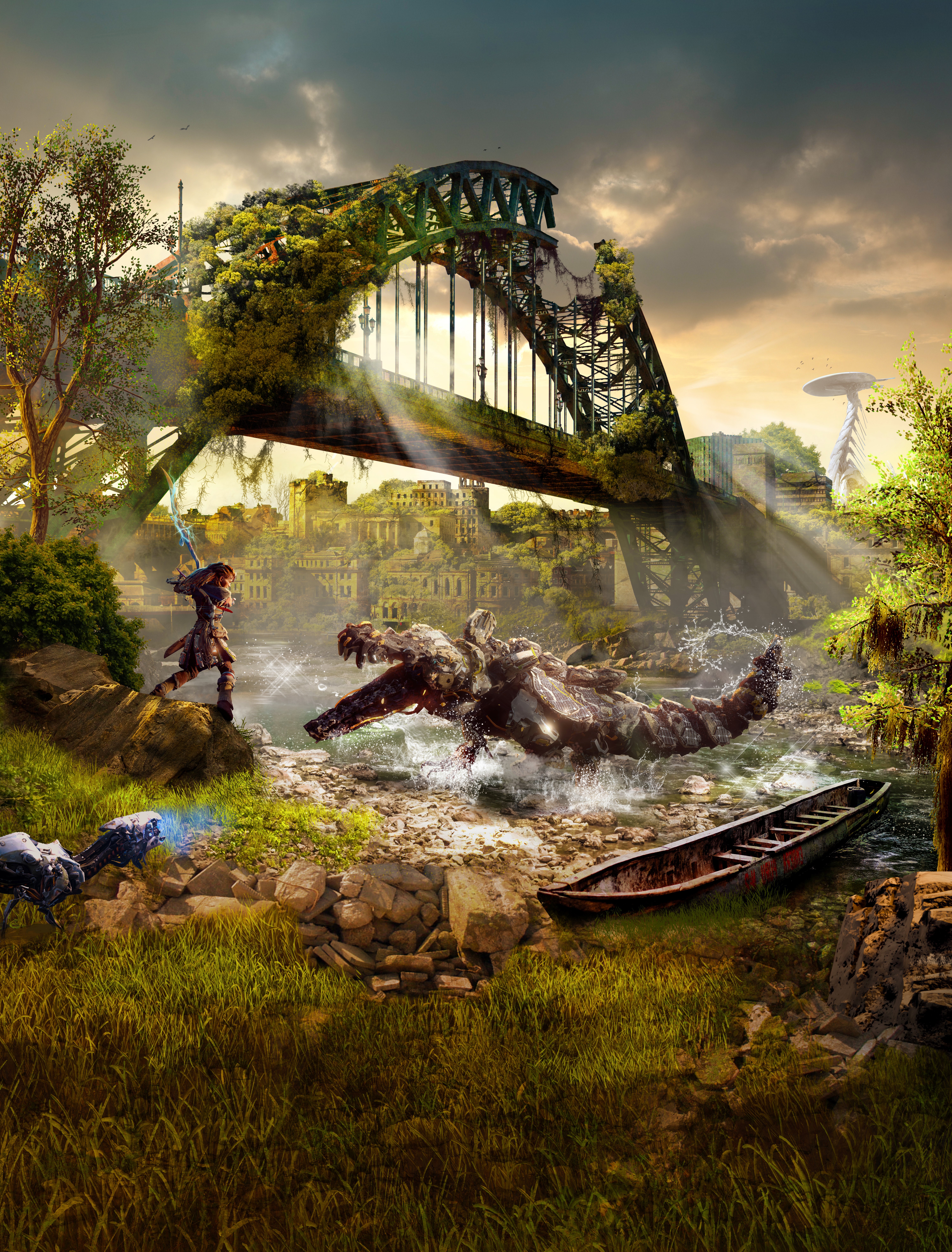 Horizon Zero Dawn warrior fighting a mechanical dinosaur near a bridge HD Phone Wallpaper