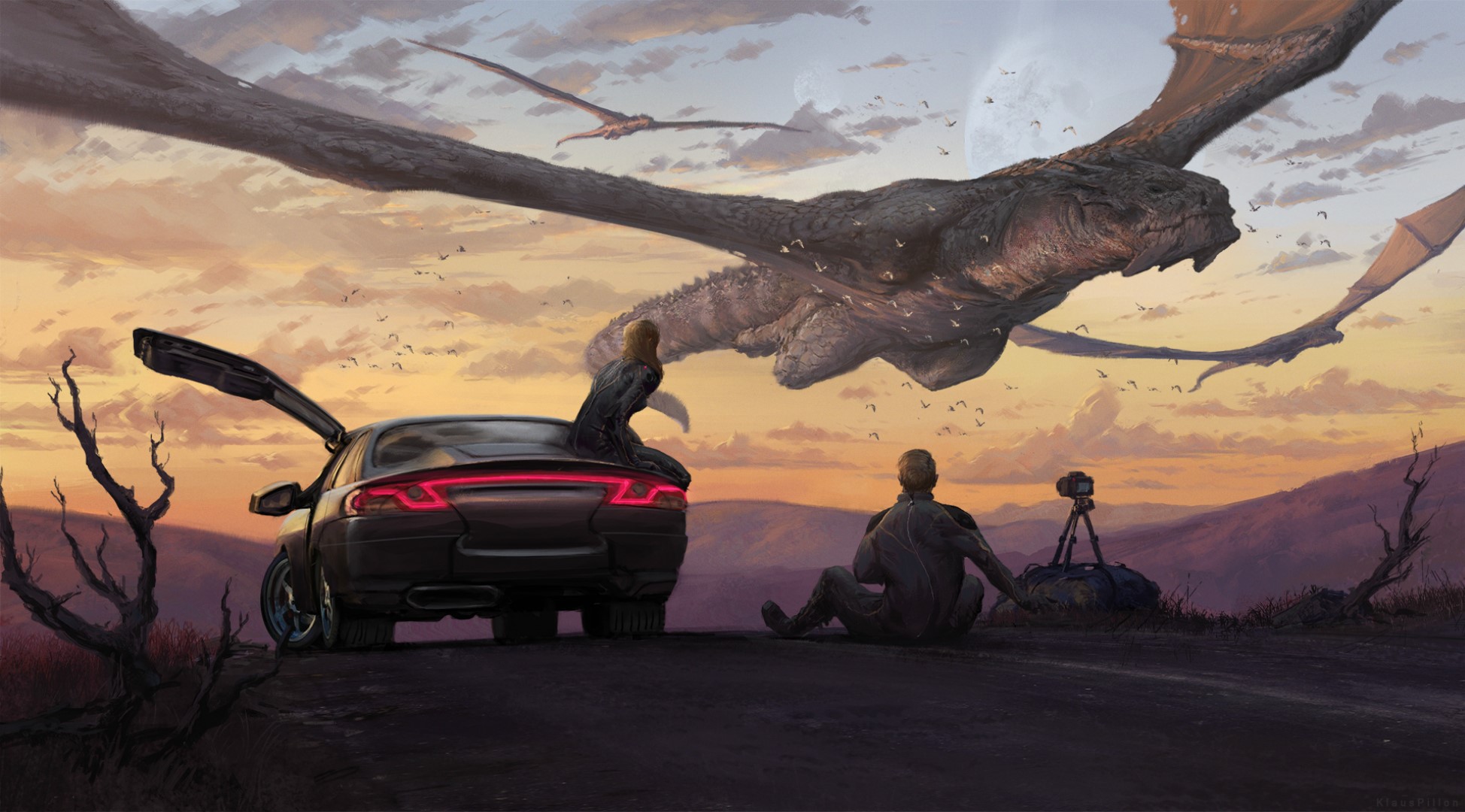 Two people watch dragons fly over a landscape at sunset HD Wallpaper