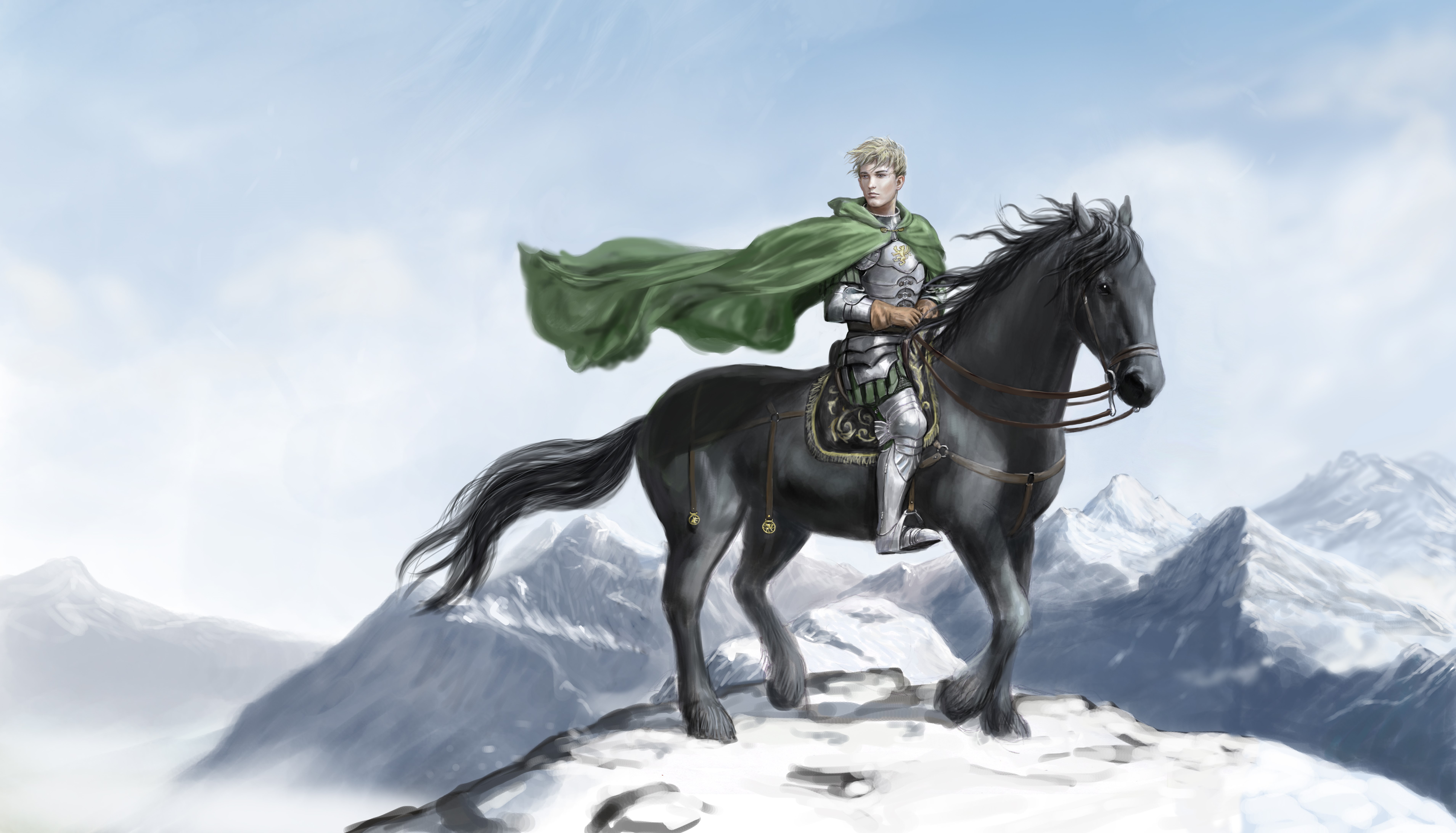 Warrior on a black horse in snowy mountains HD Wallpaper