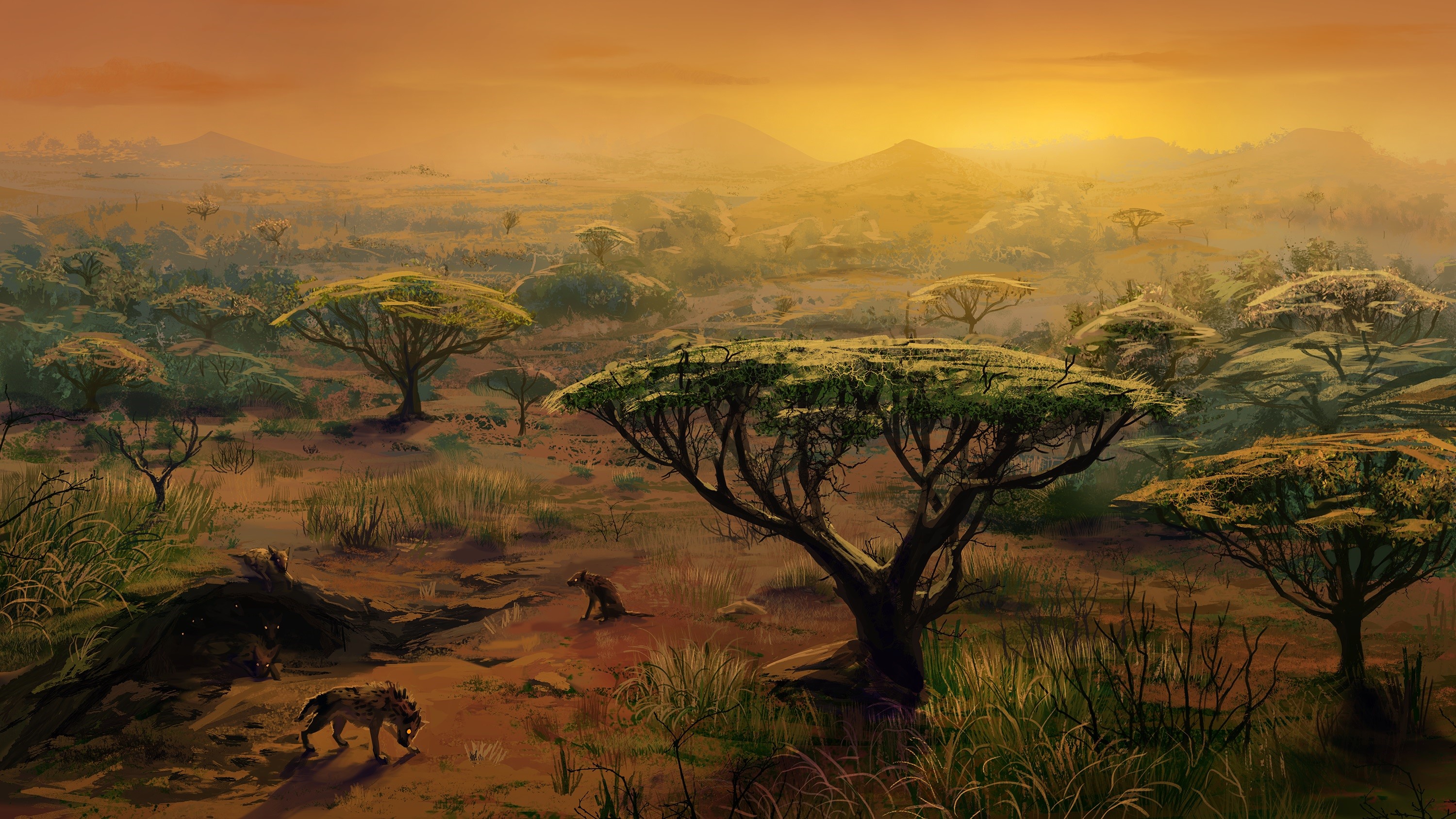 Hyenas in a savanna landscape painting HD Wallpaper