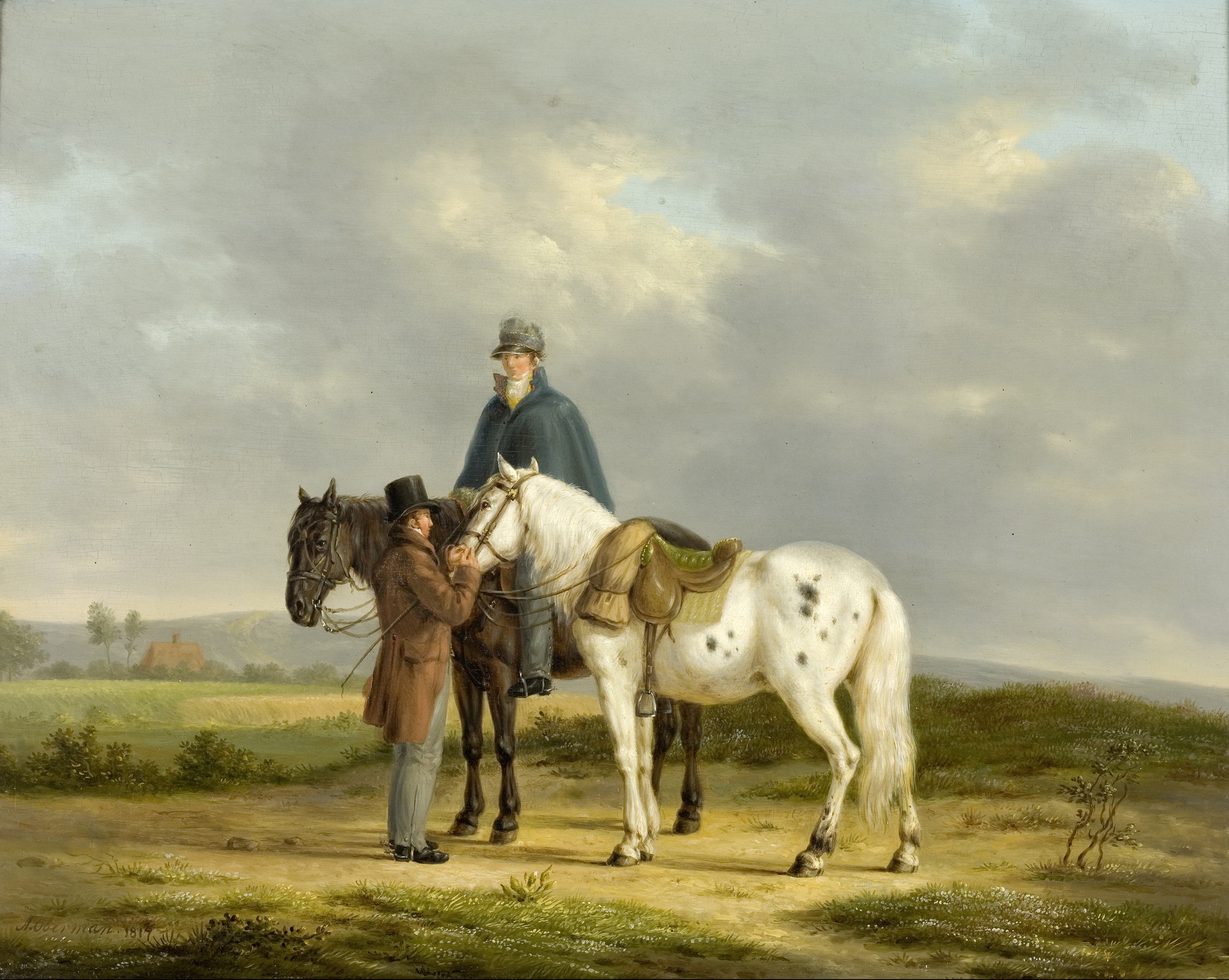 Anthony Oberman with Two Riders and Horses in a Landscape HD Wallpaper