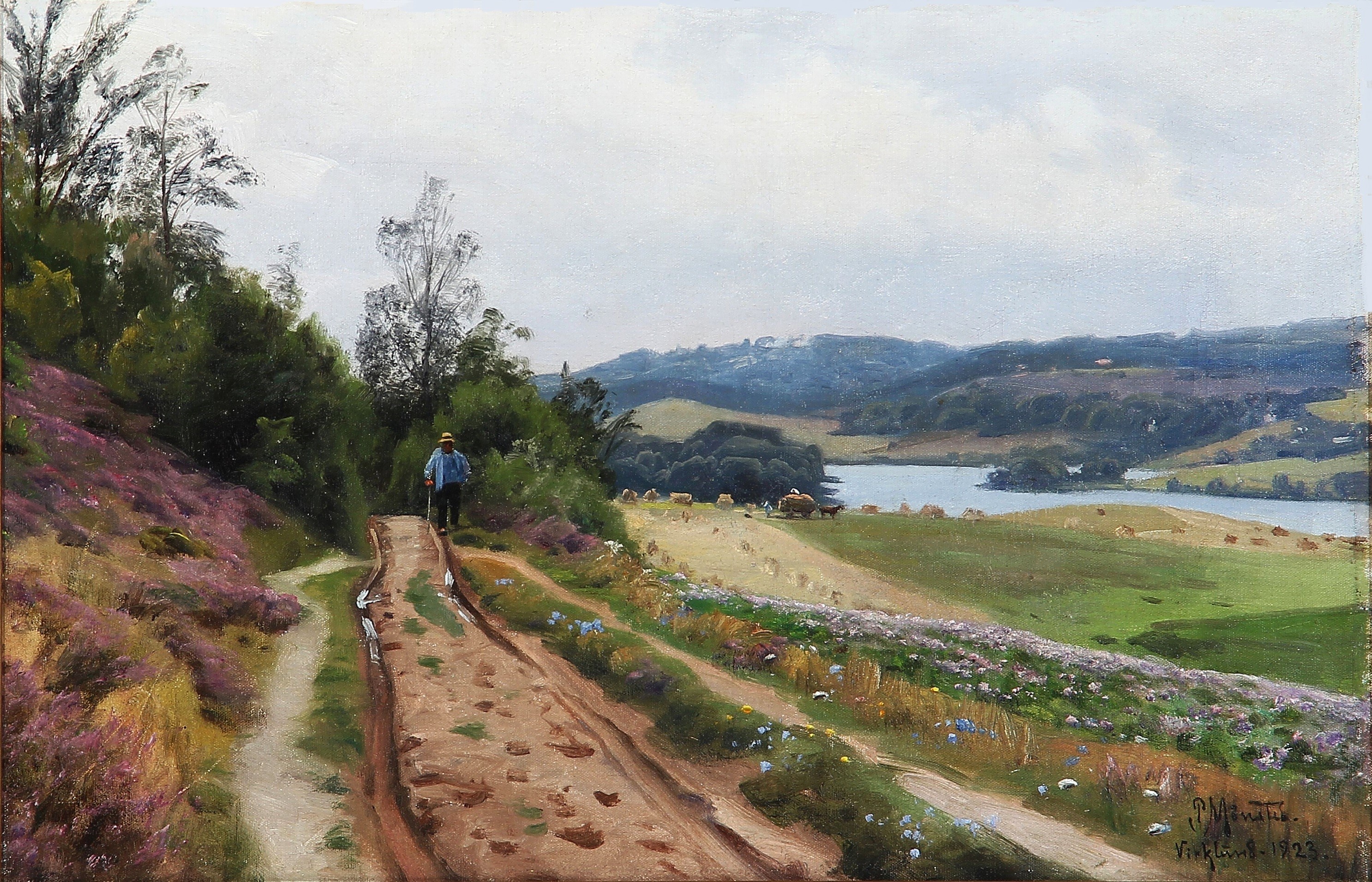 Man walking on a path in a landscape with a lake HD Wallpaper