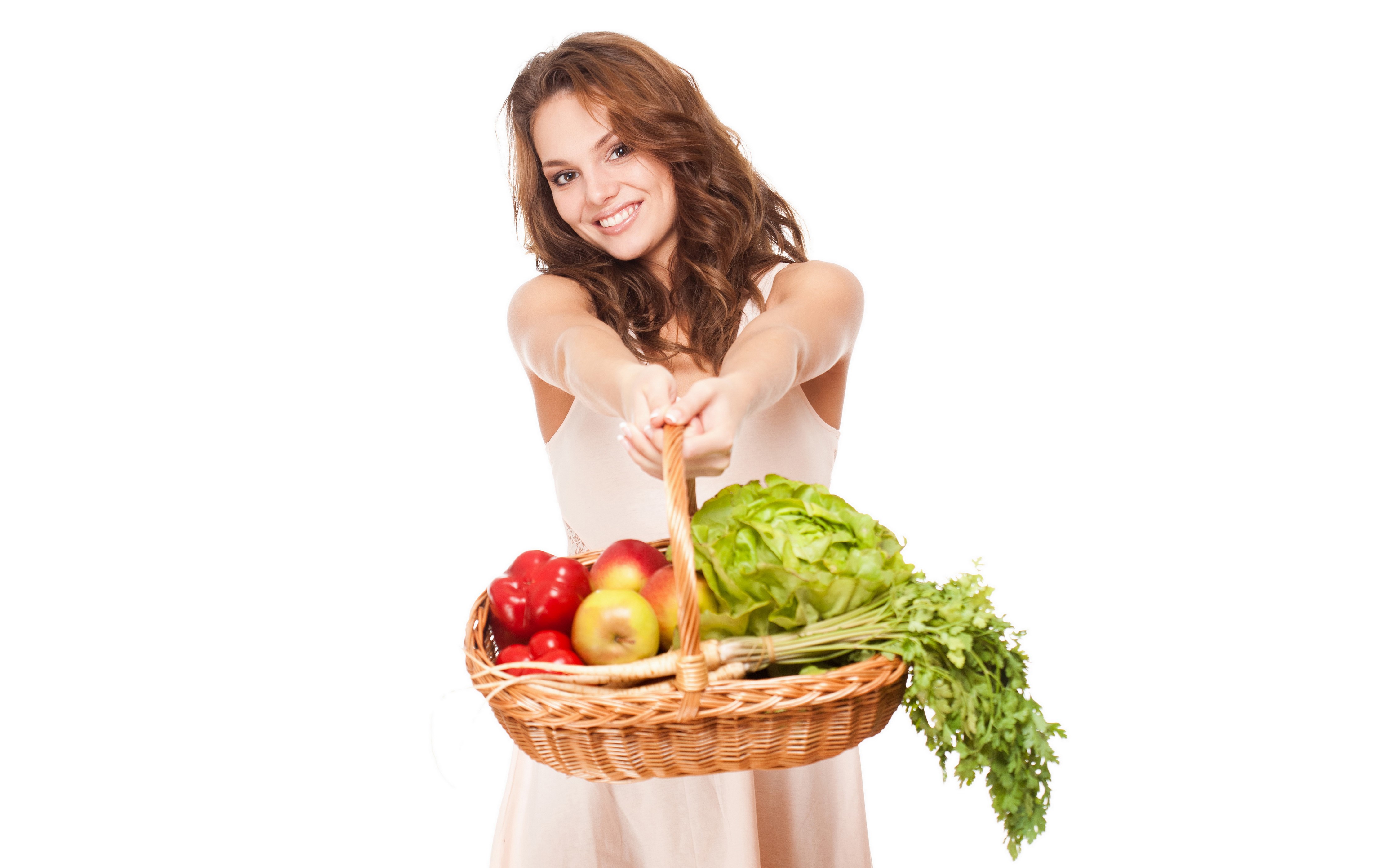 Woman holding a wicker basket with vegetables and fruits HD Wallpaper
