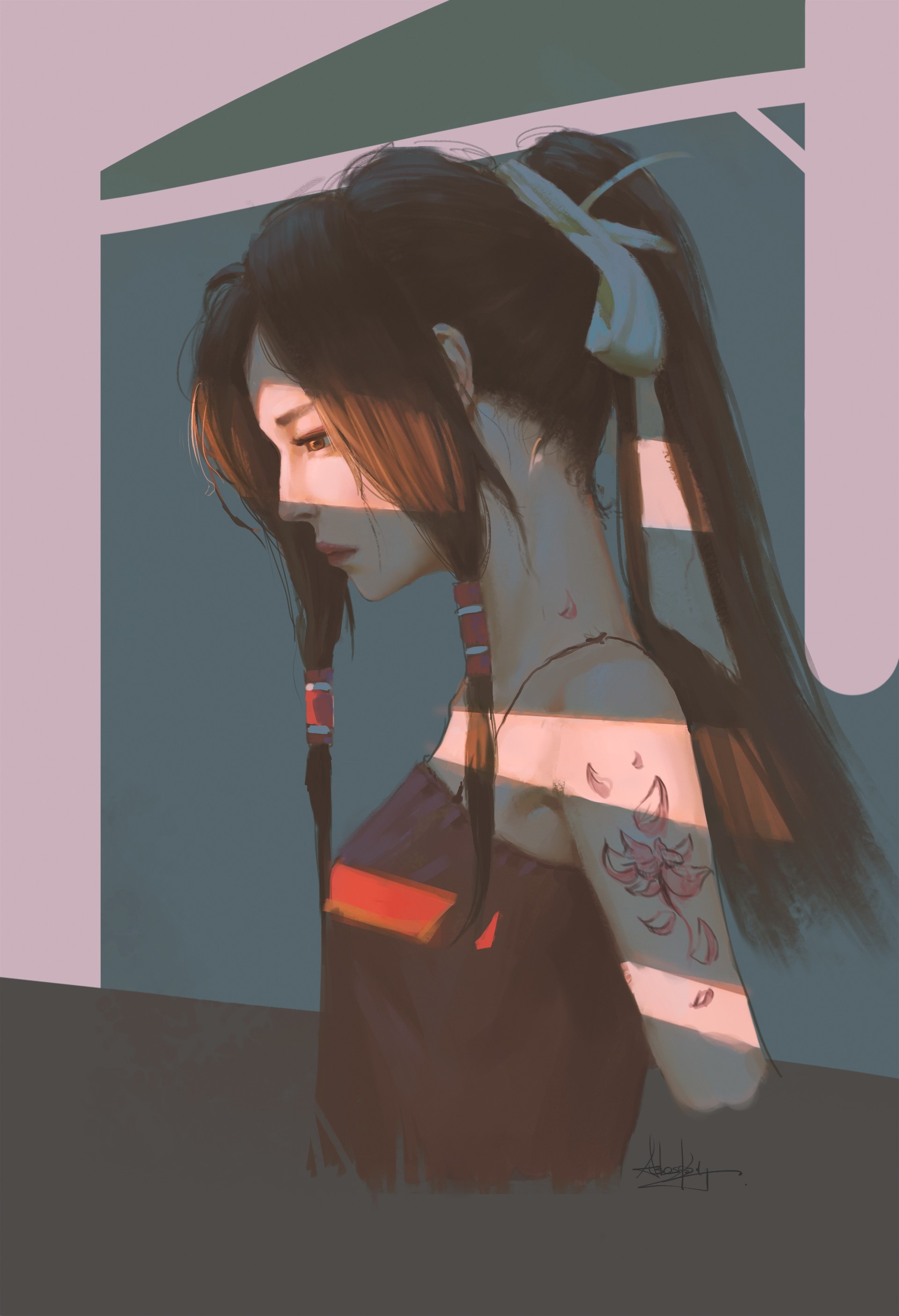 Painting of a woman with brown hair and tattoos HD Phone Wallpaper