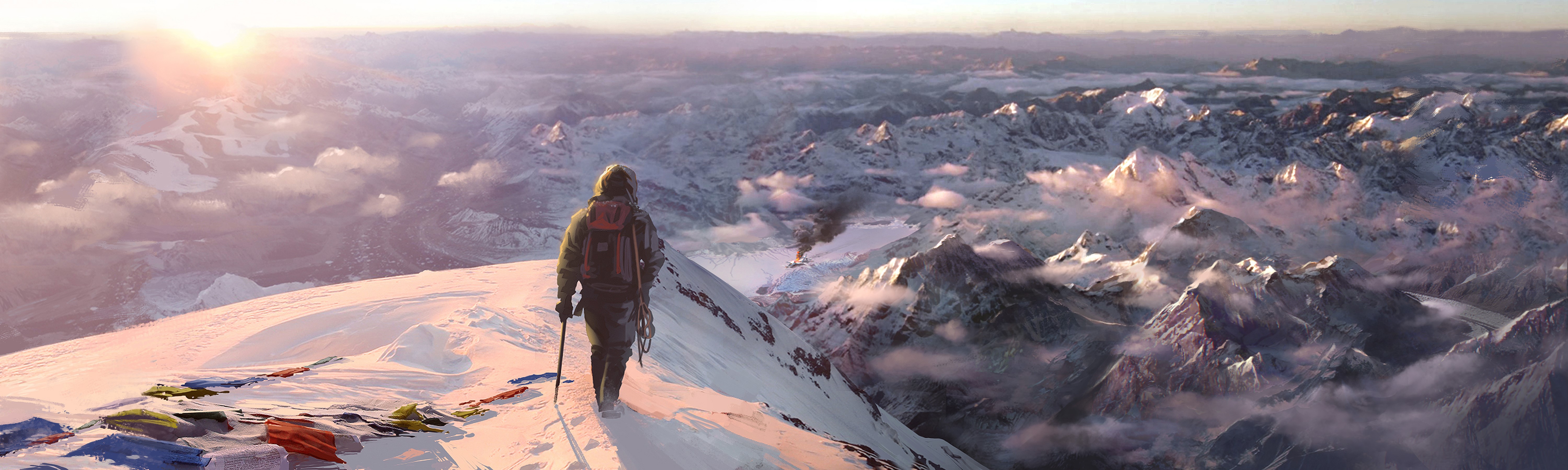 Climber on a snowy mountain ridge with Far Cry 4 mountains in background HD Wallpaper