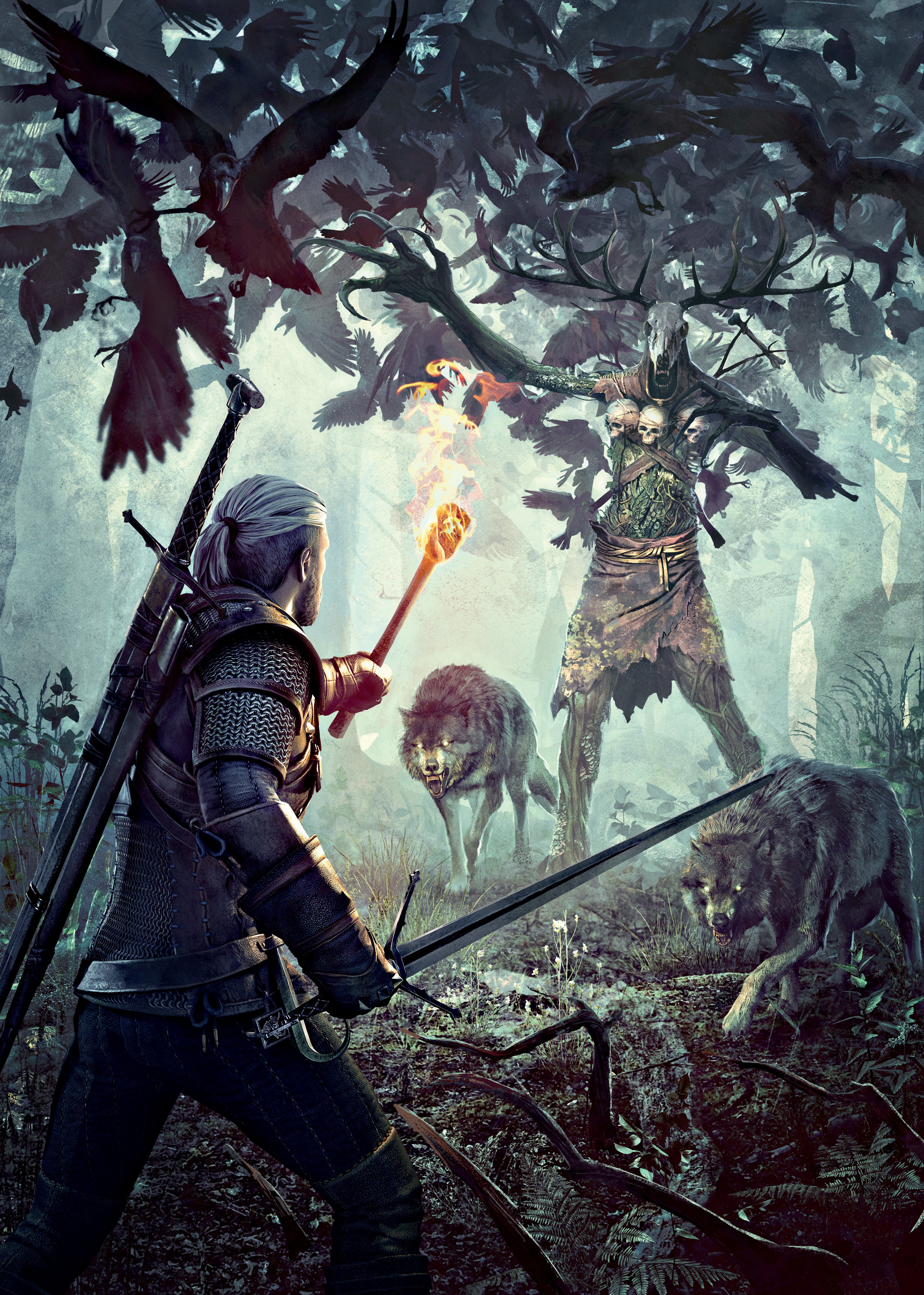 Geralt of Rivia fighting a Leshen with wolves HD Phone Wallpaper