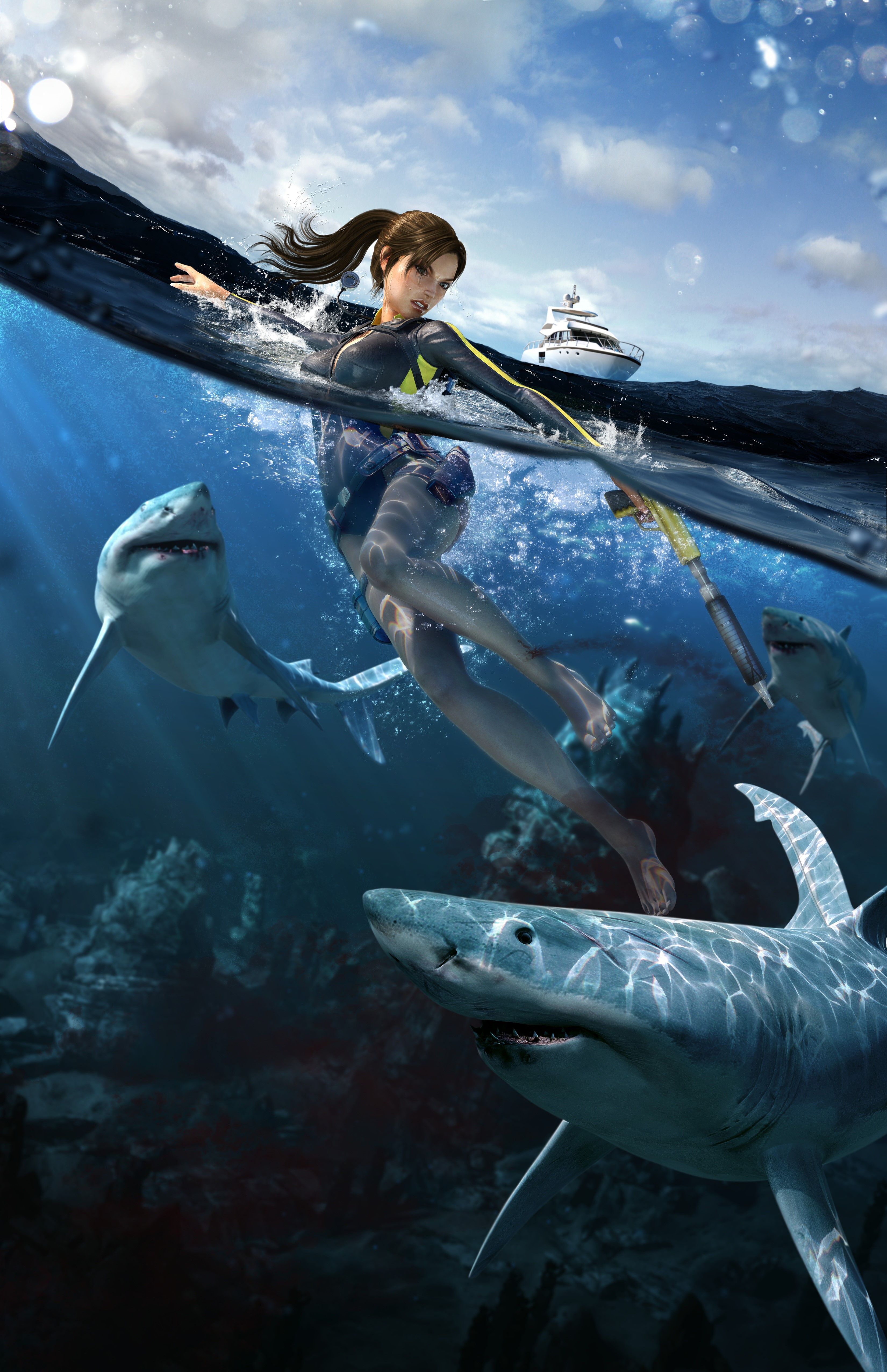 Lara Croft from Tomb Raider Underworld diving with sharks HD Phone Wallpaper