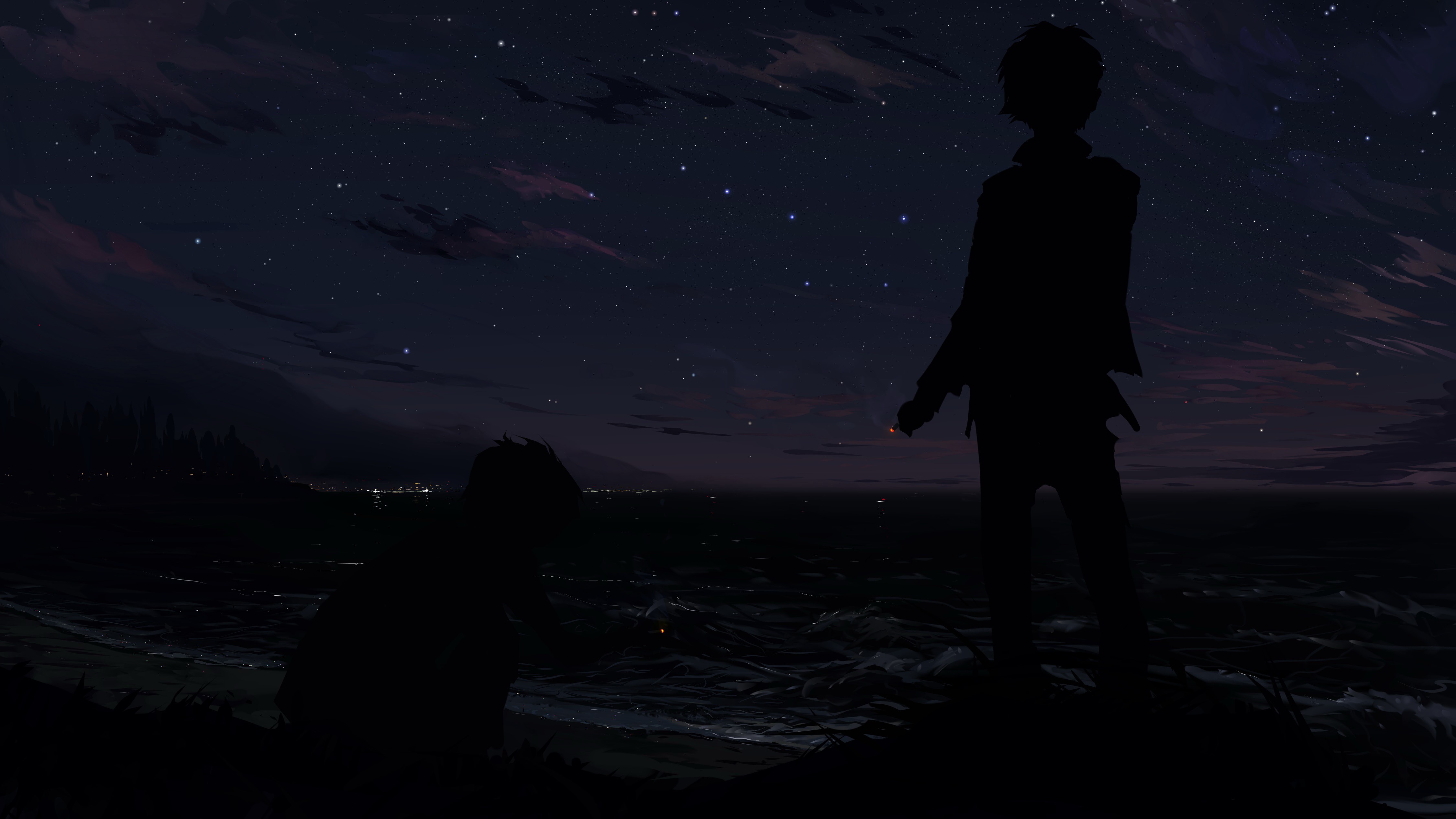 Two boys silhouetted by the sea at night HD Wallpaper