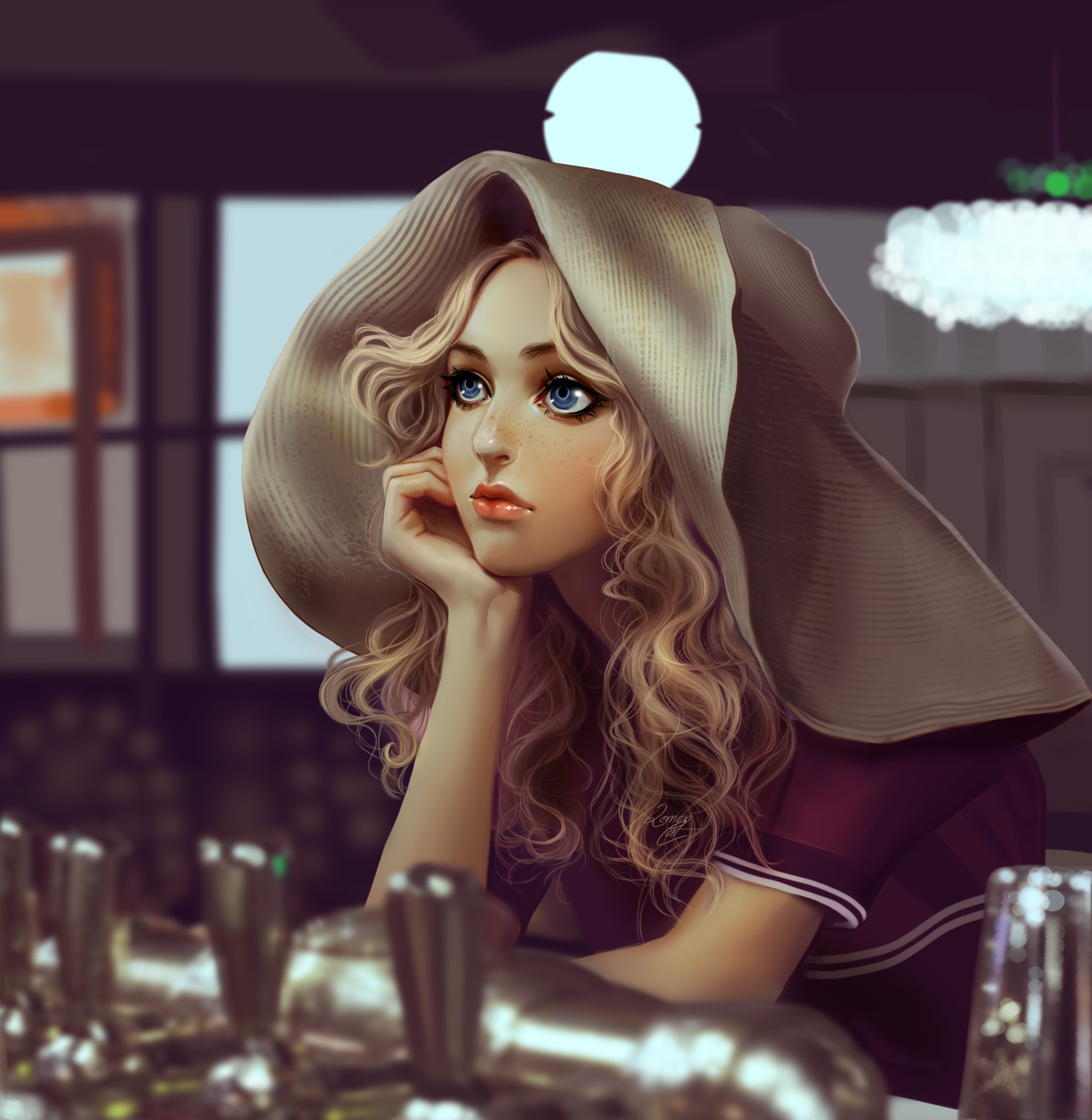 Painting of a blonde girl in a large hat HD Wallpaper