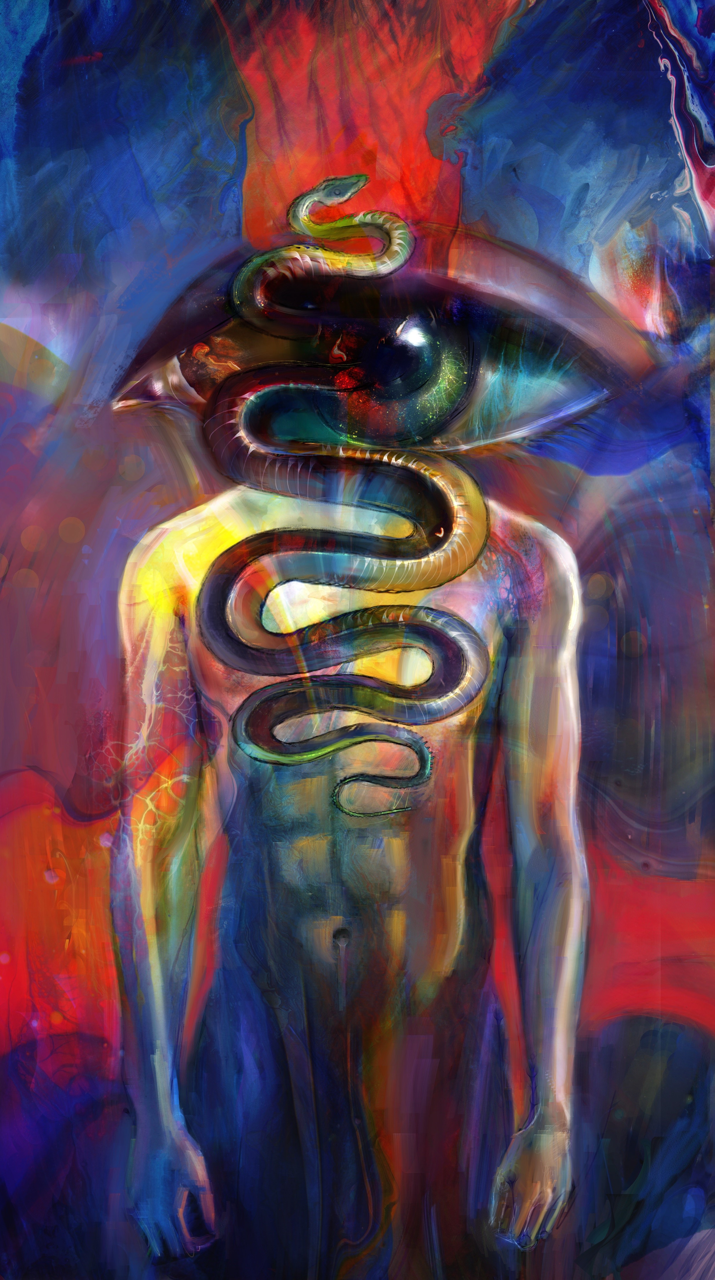 Man with an eye for a head and a snake HD Phone Wallpaper
