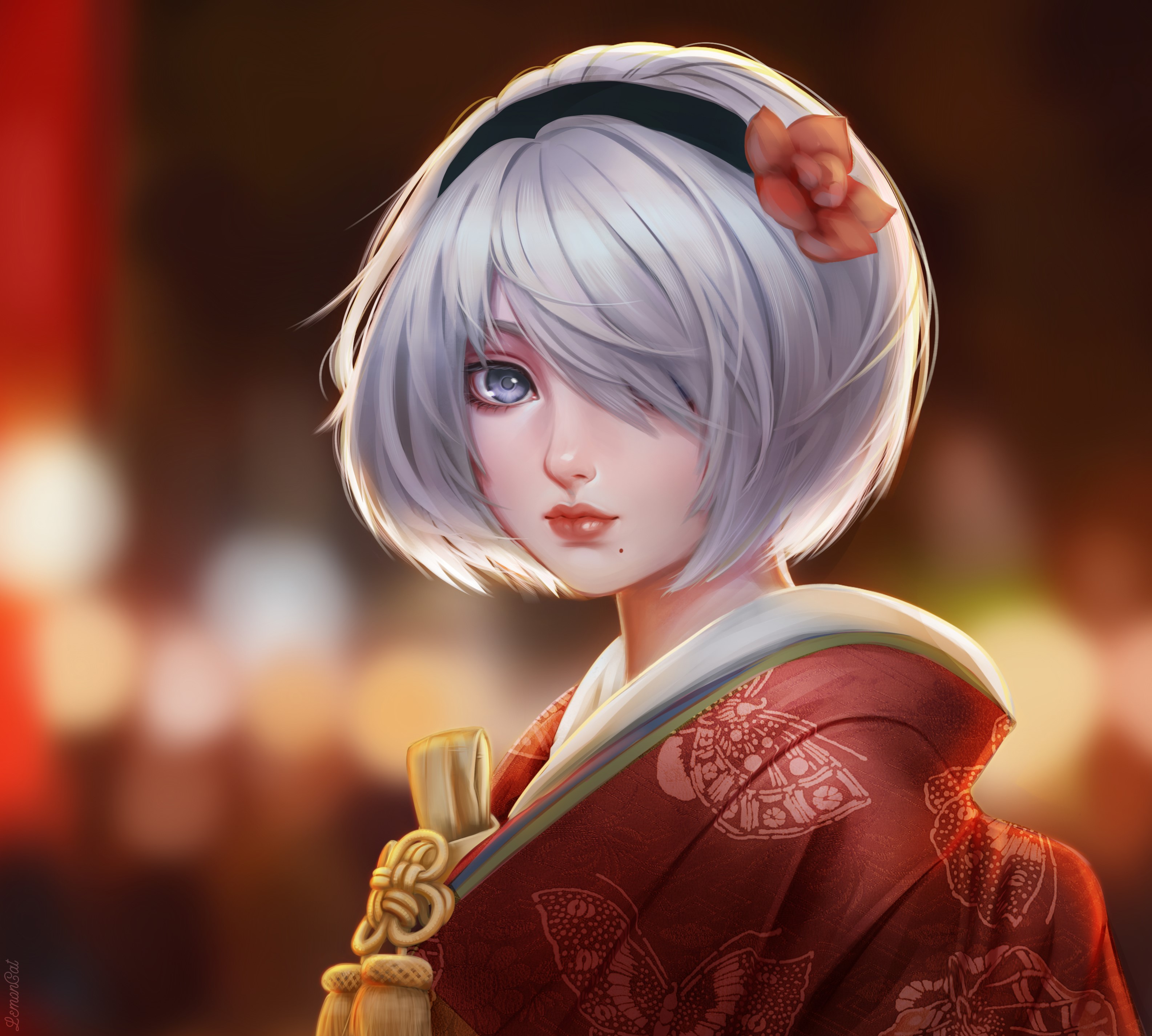 Anime girl in kimono with flower in hair HD Wallpaper