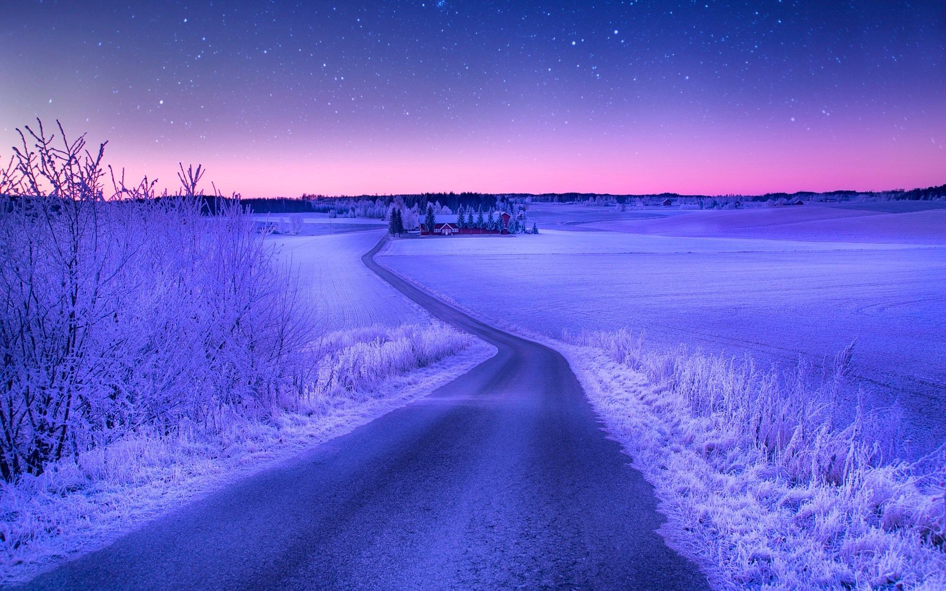 Winter landscape with a road and a house HD Wallpaper