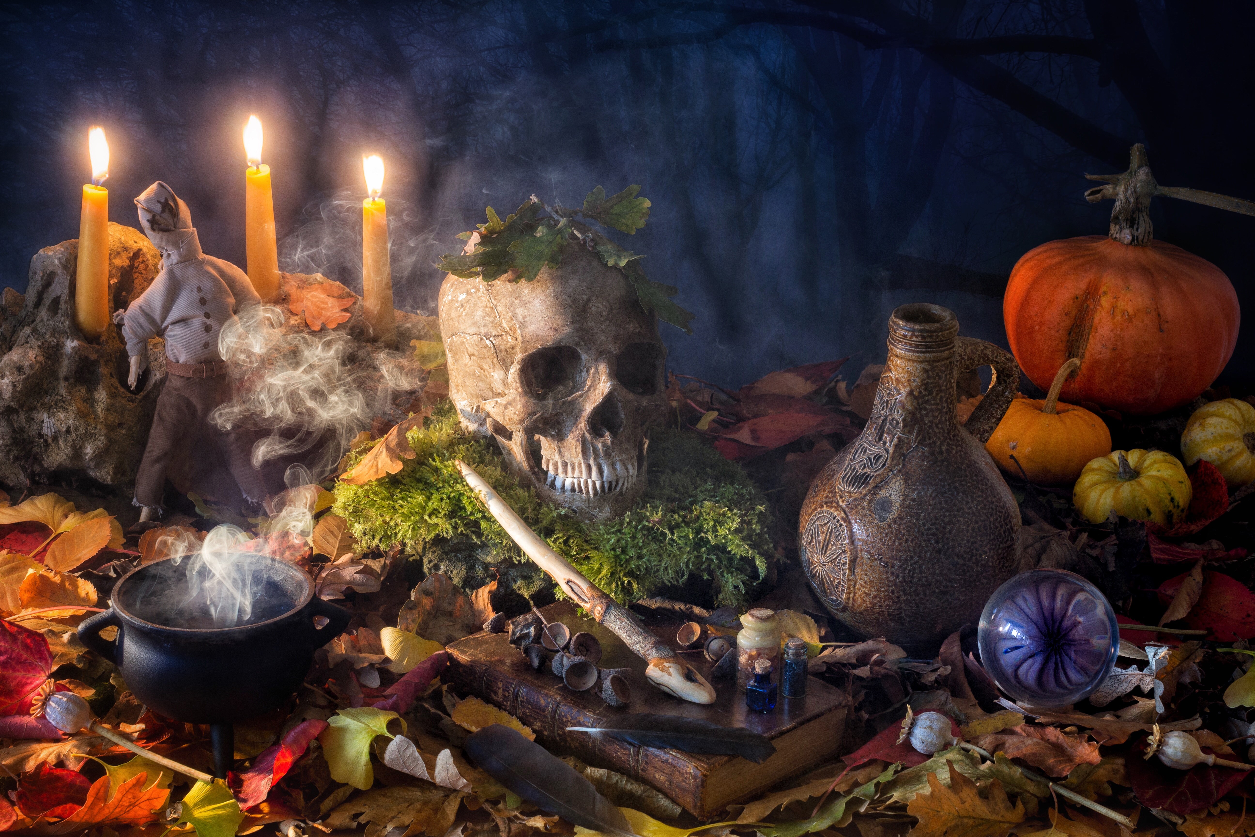 Halloween Still Life with Skull, Candles, and Pumpkins HD Wallpaper