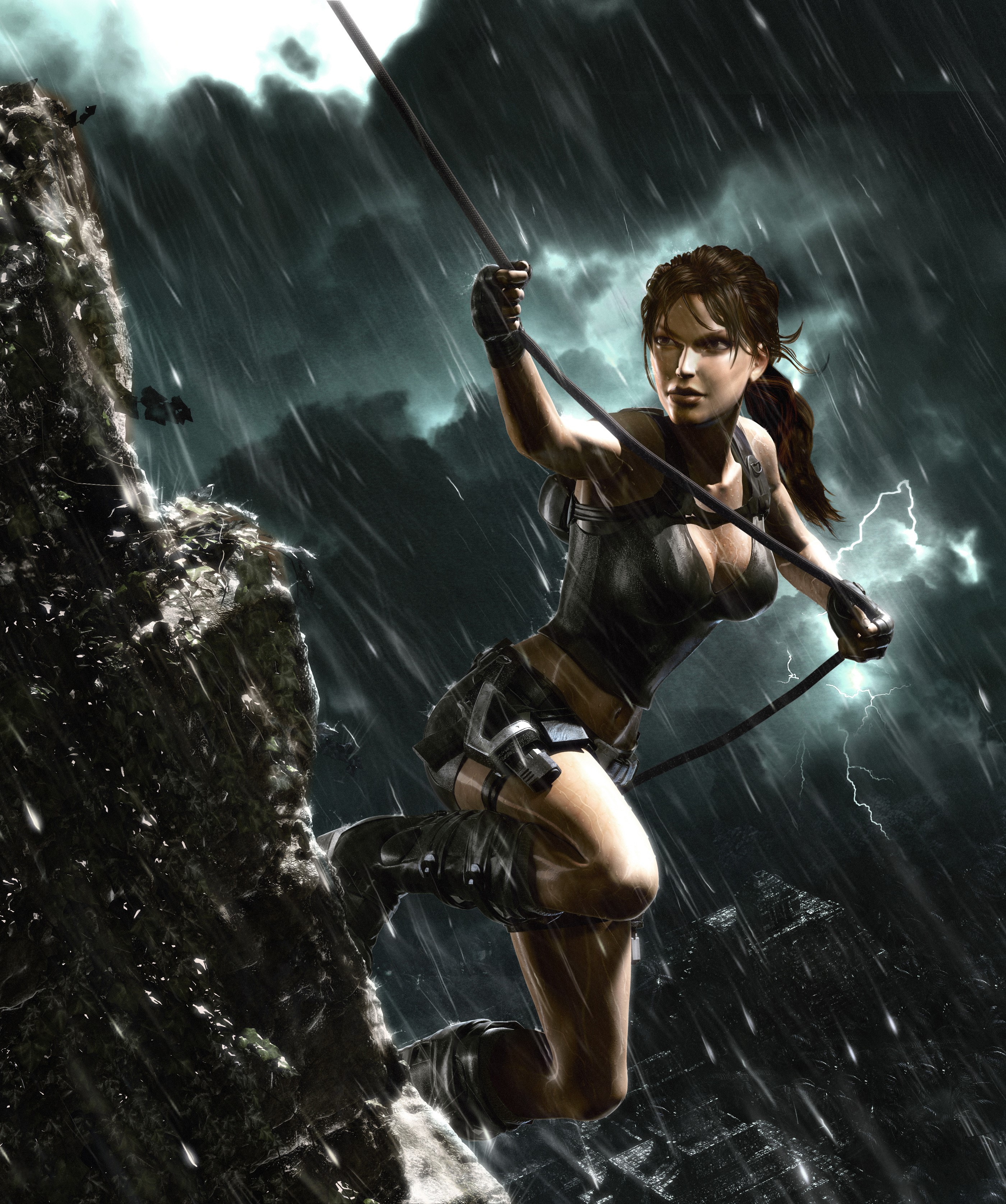 Lara Croft from Tomb Raider Underworld rappelling in the rain HD Wallpaper