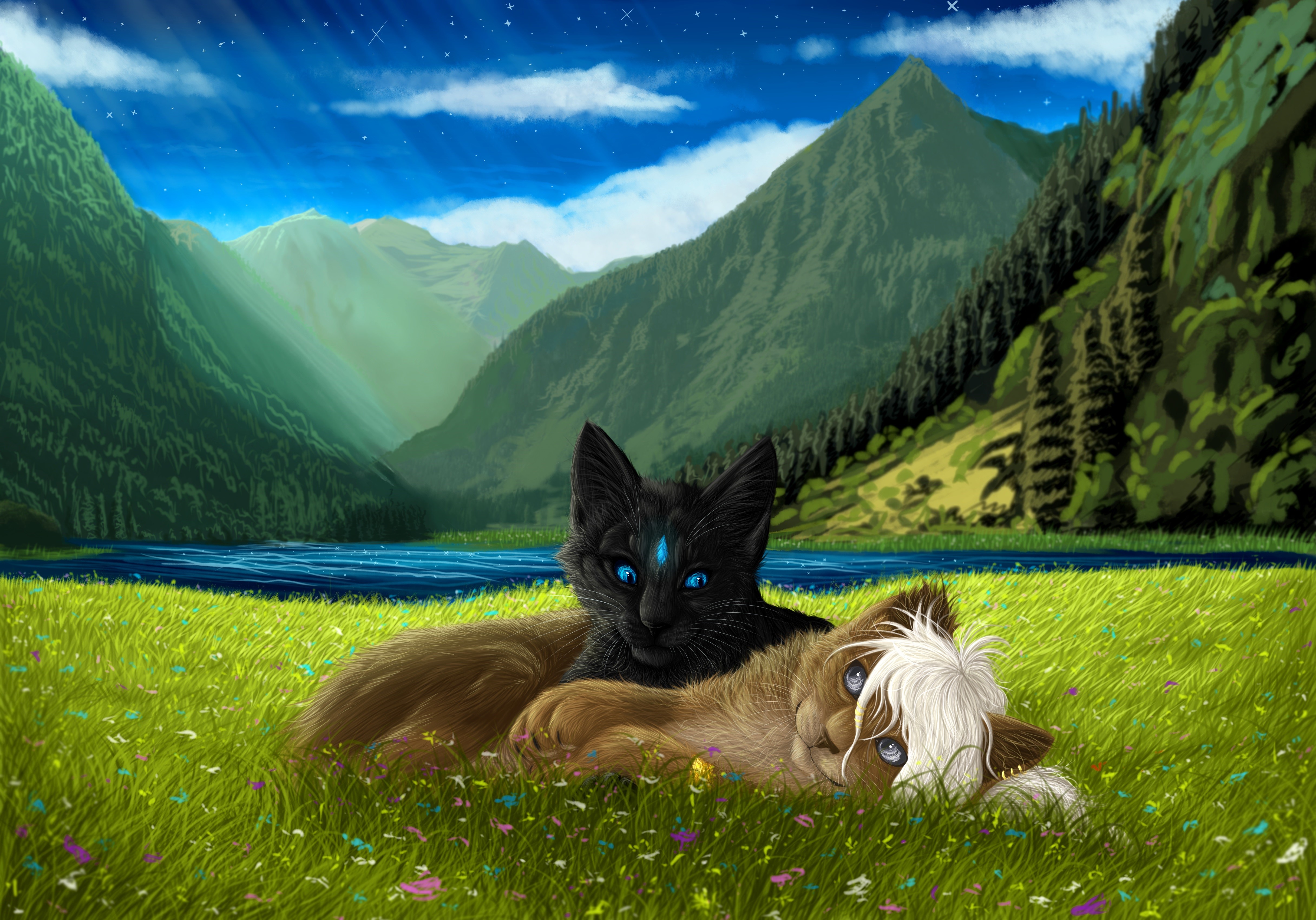 Two cats in a grassy field with mountains and a lake HD Wallpaper