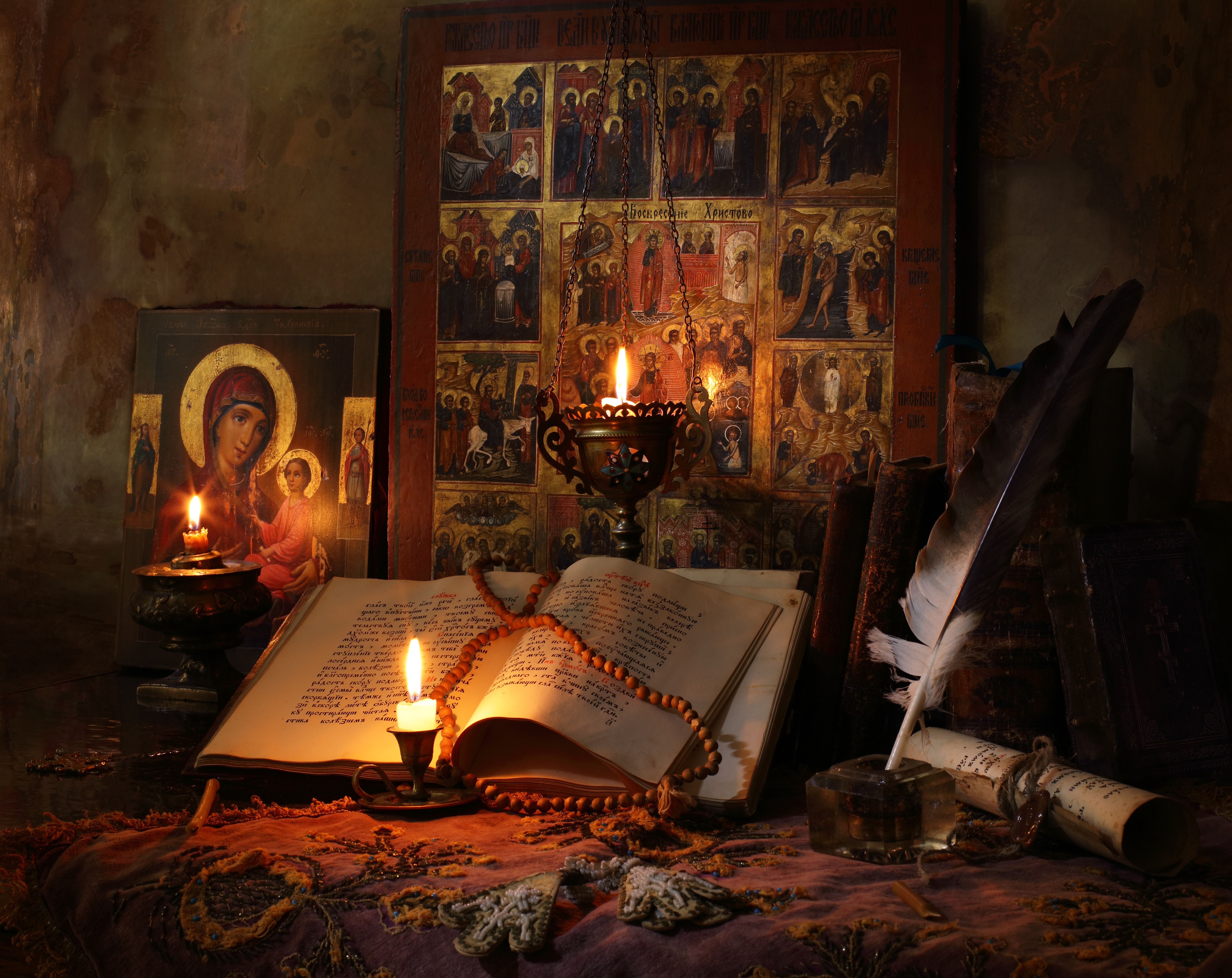 Religion and study with candles and icons HD Wallpaper