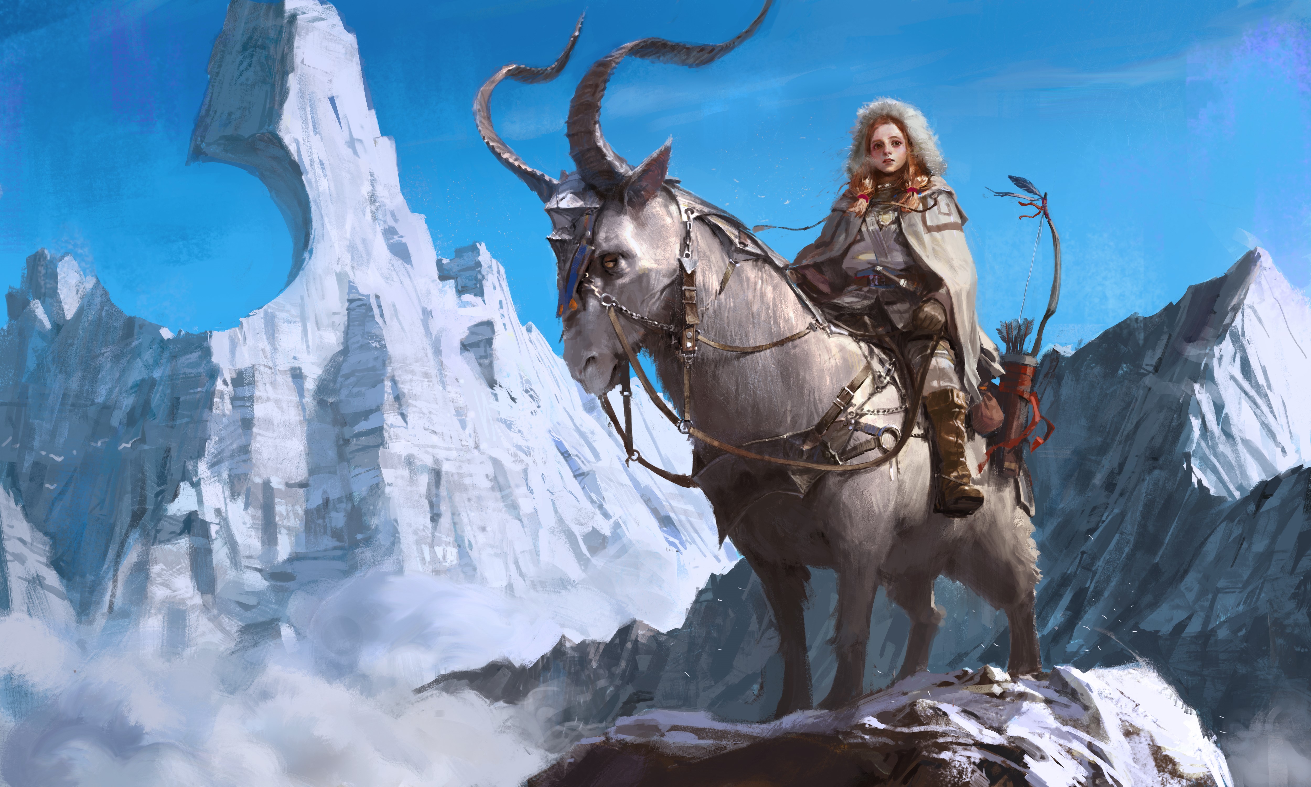 Warrior riding a magical goat in snowy mountains HD Wallpaper