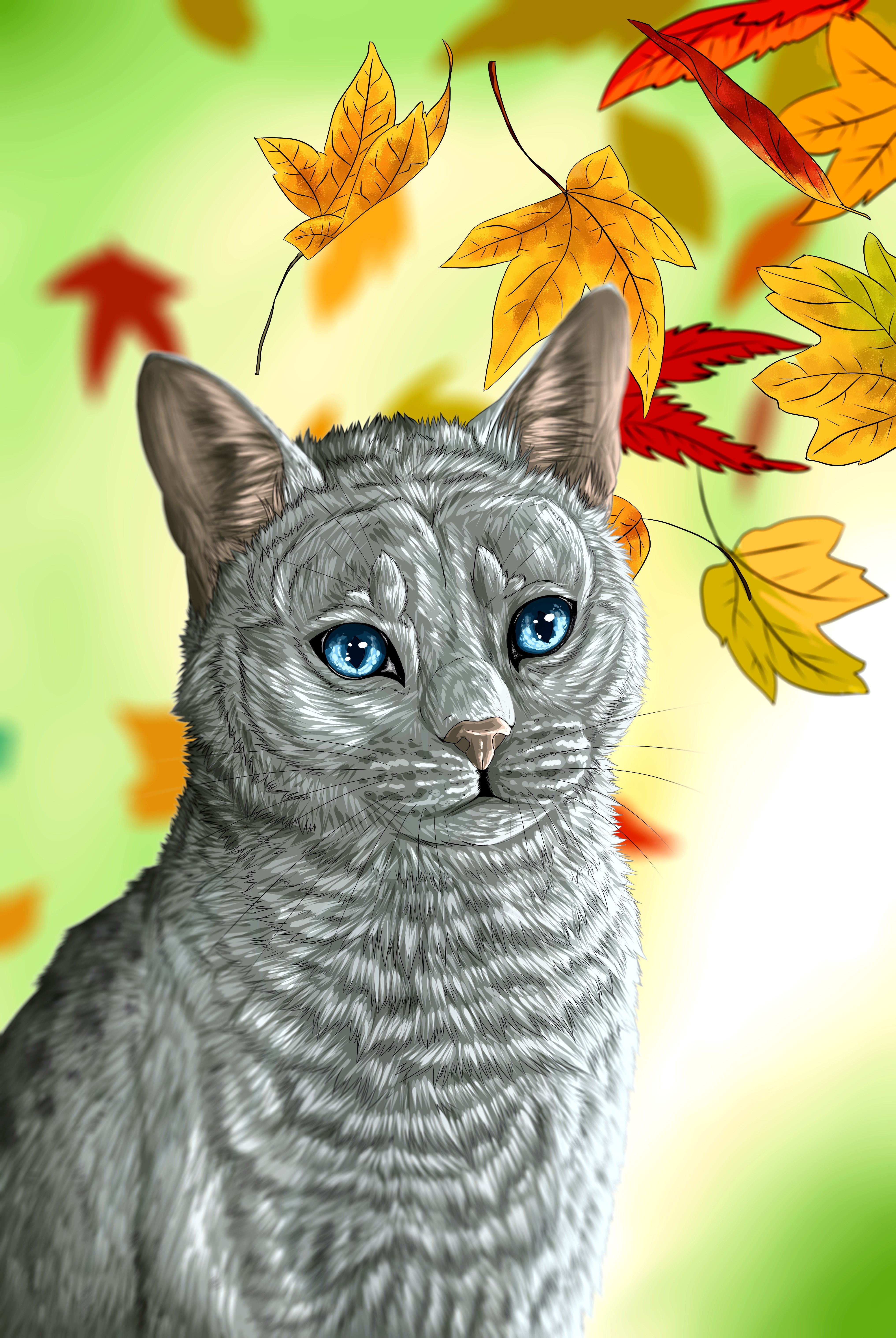 Gray cat with blue eyes and falling autumn leaves HD Phone Wallpaper