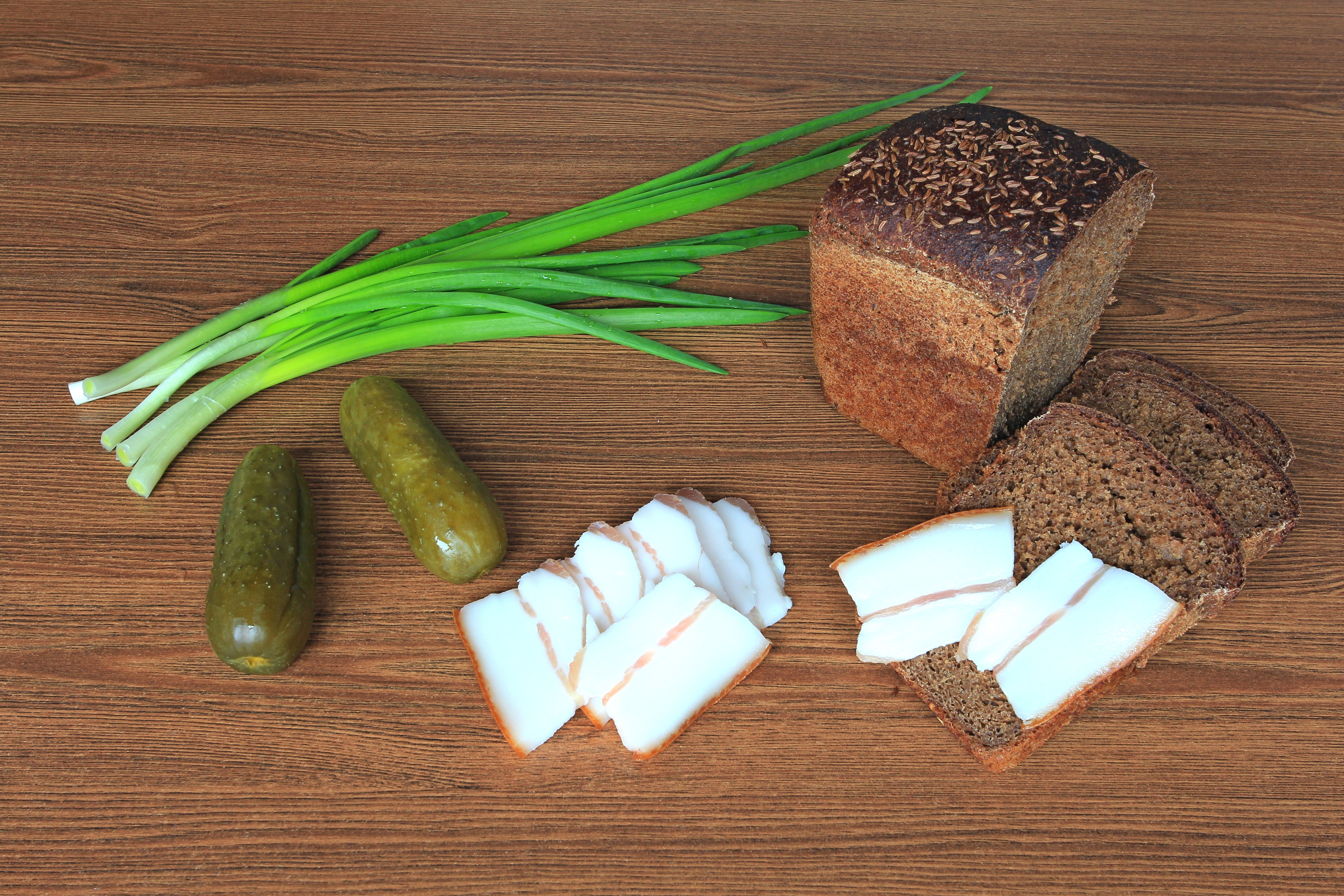 Bread, Cucumbers, Salo, and Green Onions HD Wallpaper