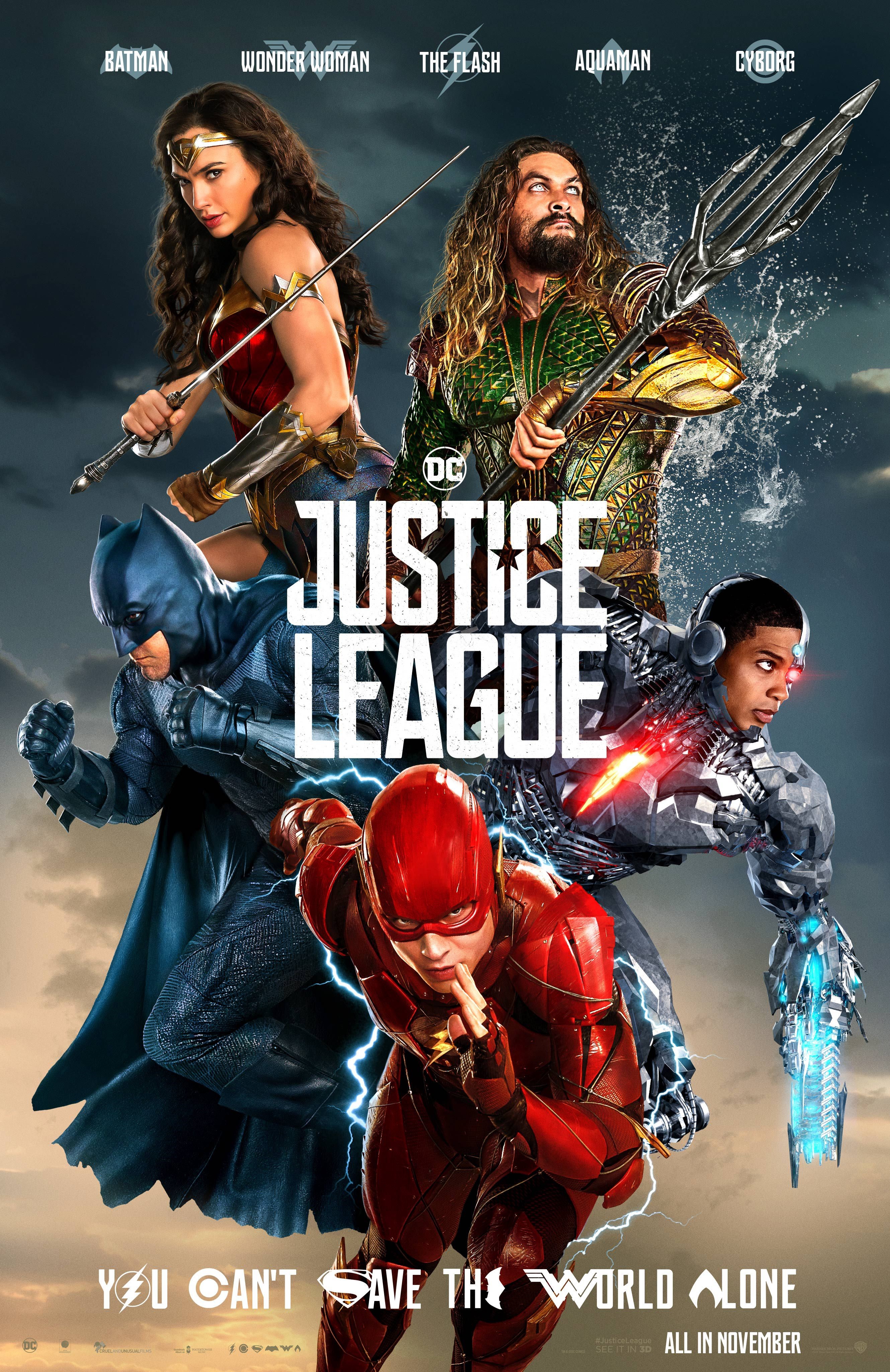 Justice League movie poster with Batman, Wonder Woman, Aquaman, The Flash, and Cyborg HD Phone Wallpaper