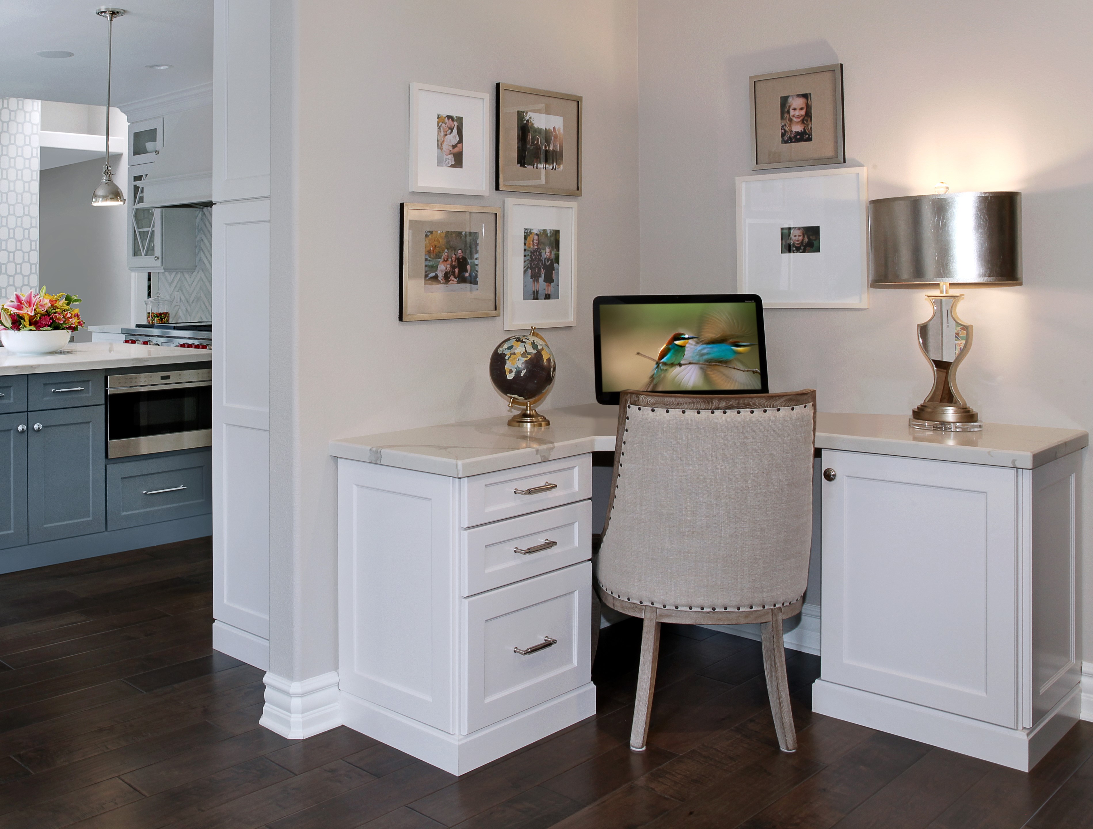 Home office desk with computer and chair HD Wallpaper