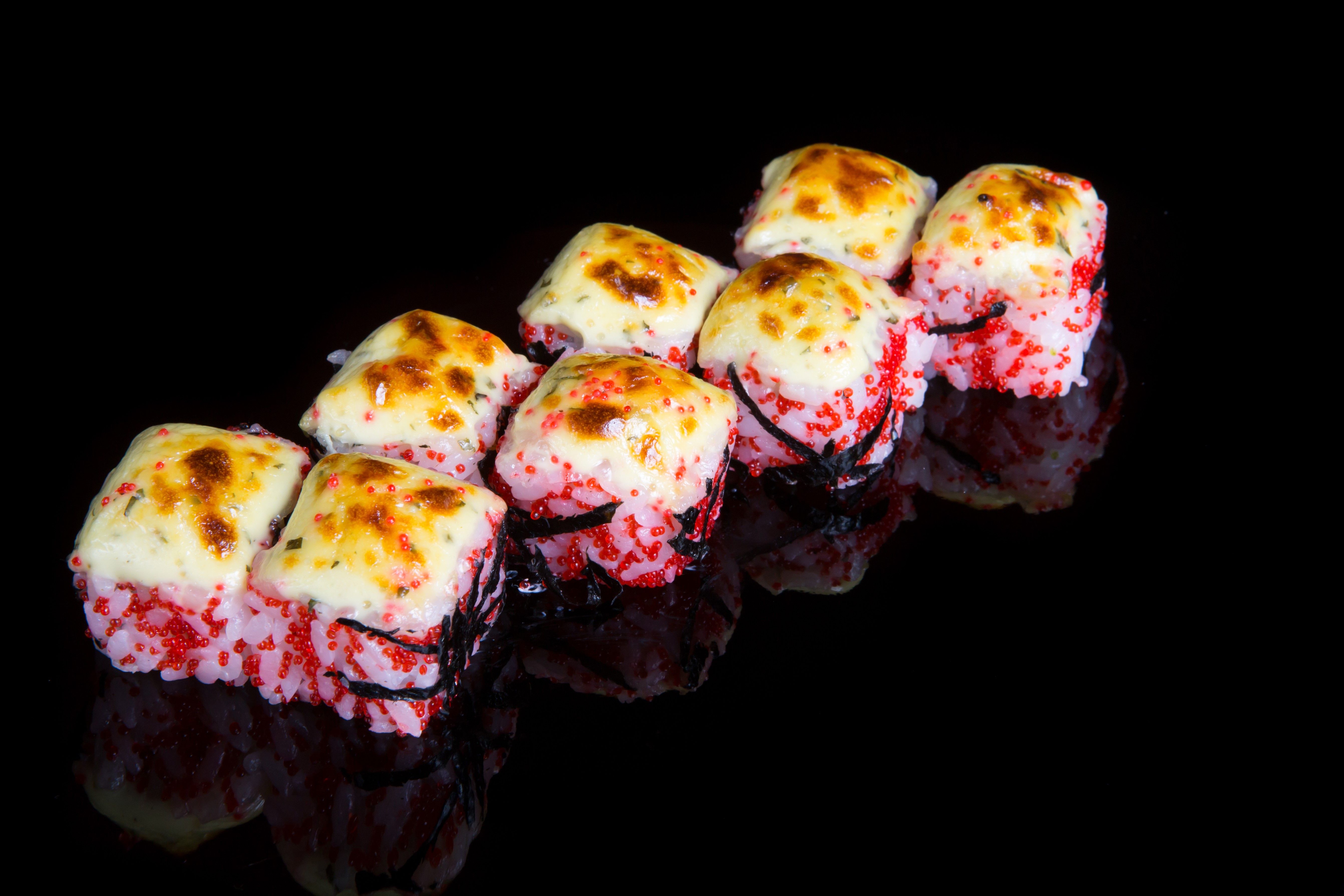 4K Sushi Rolls with Red Caviar and Cheese HD Wallpaper