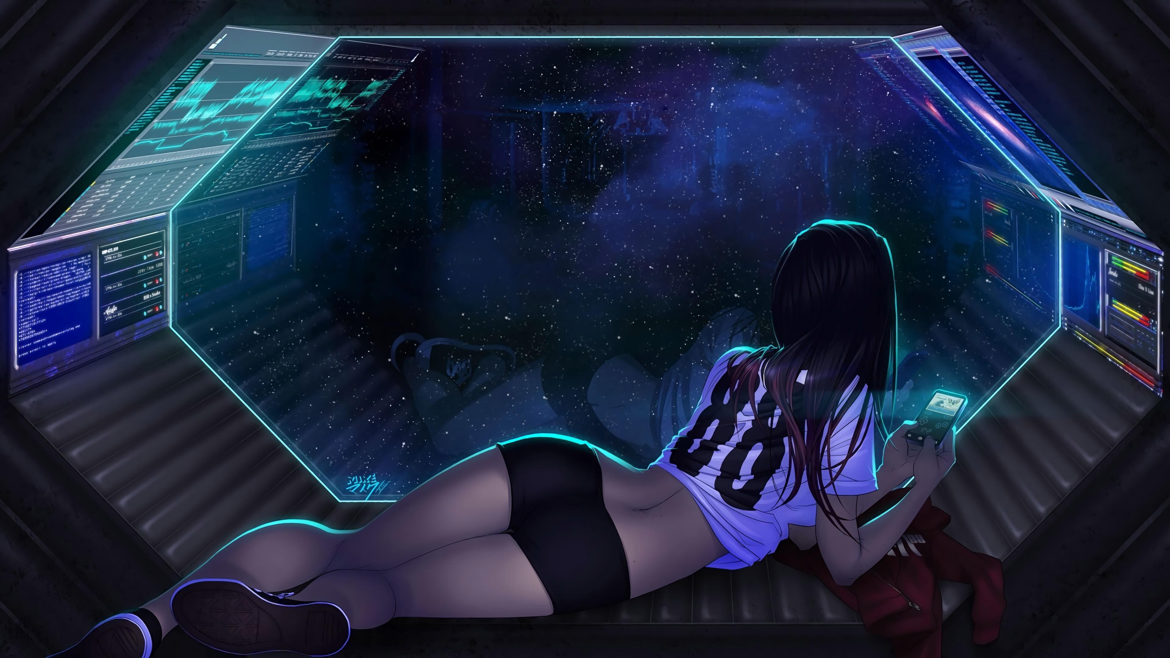 Brunette girl with smartphone in spaceship HD Wallpaper