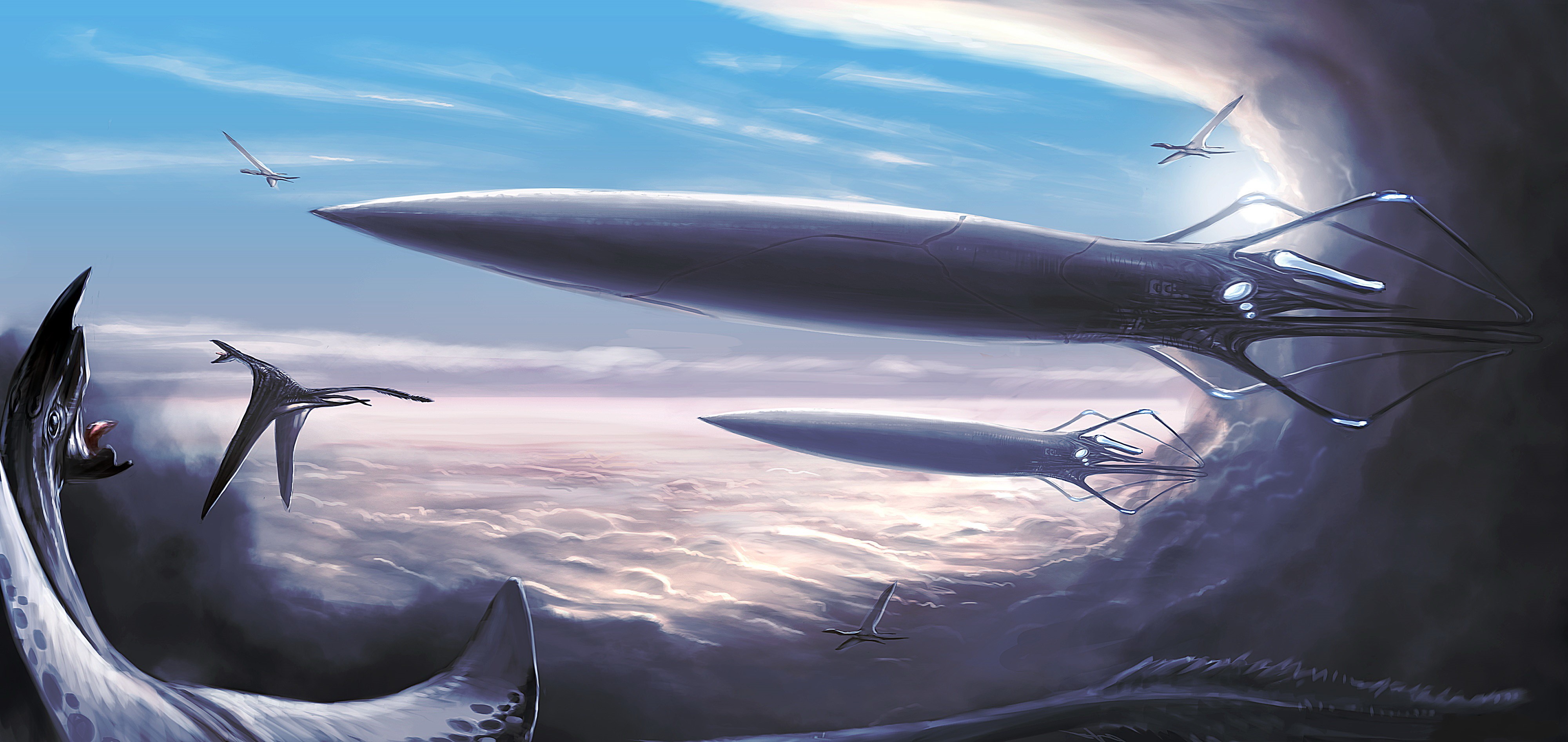 Alien ships and pterodactyls flying above clouds HD Wallpaper