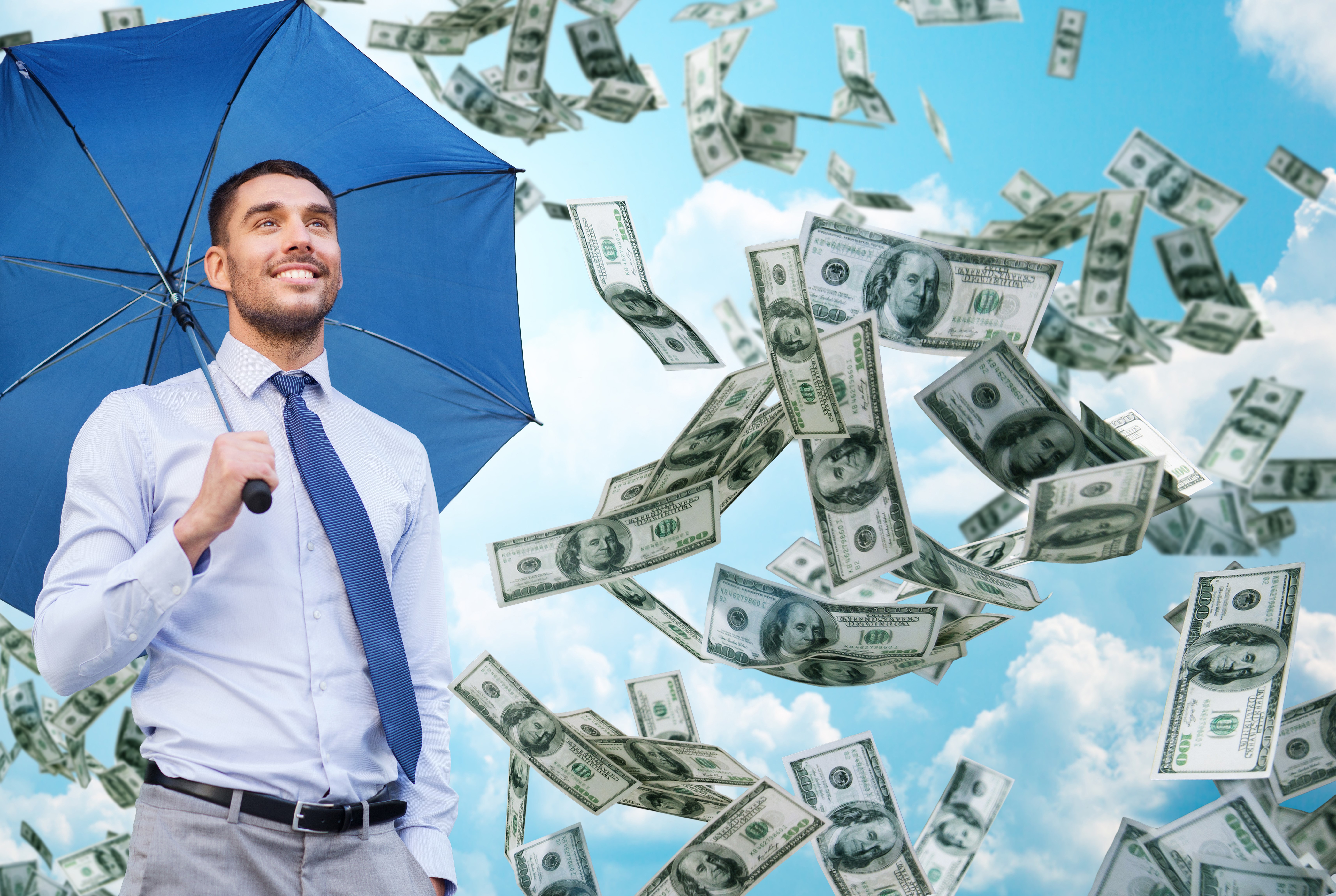 Man with Umbrella in Falling Money HD Wallpaper