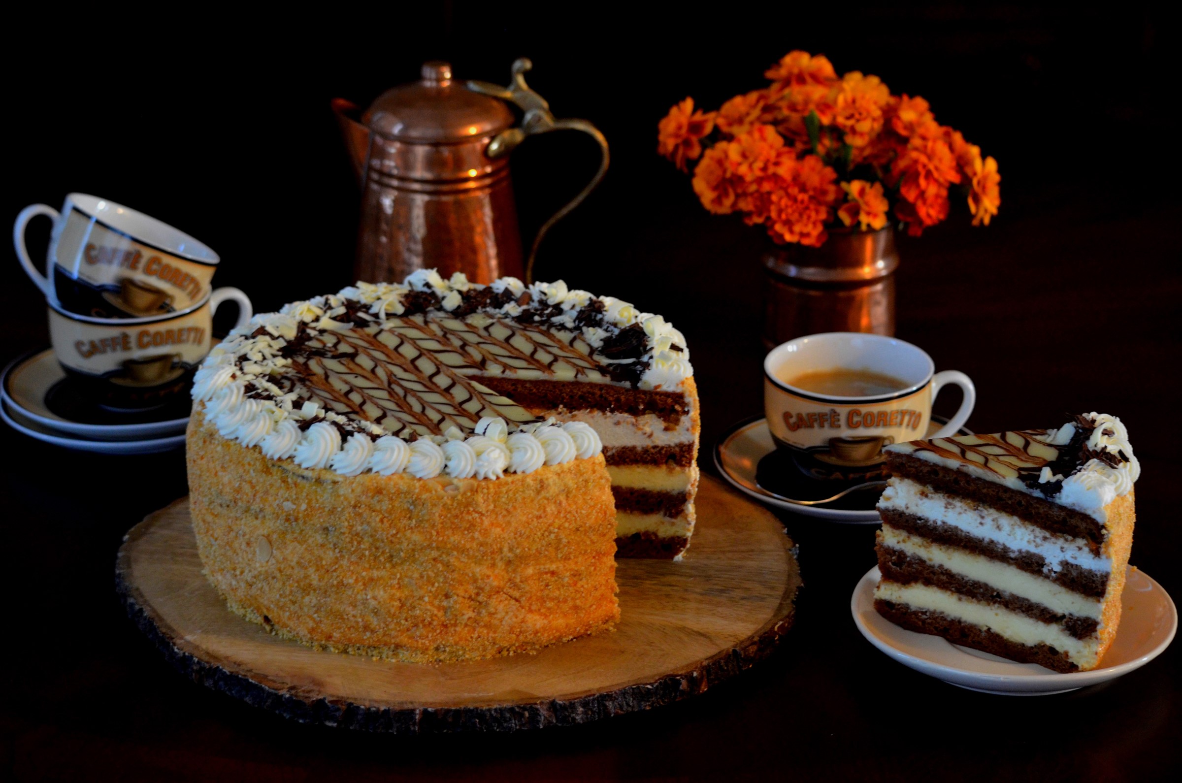Cake with coffee and flowers HD Wallpaper