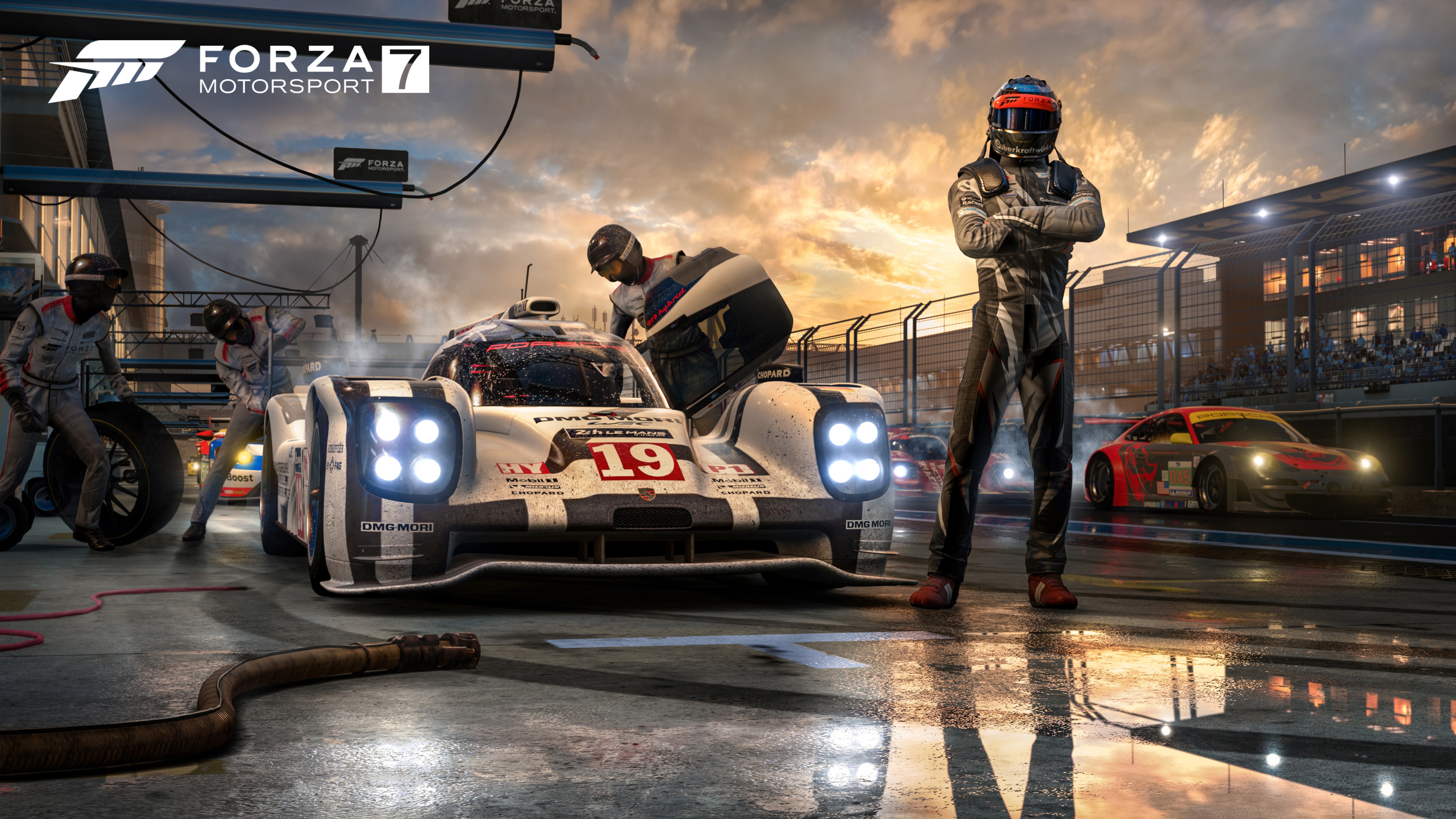 Forza Motorsport 7 Porsche Race Cars and Pit Crew HD Wallpaper