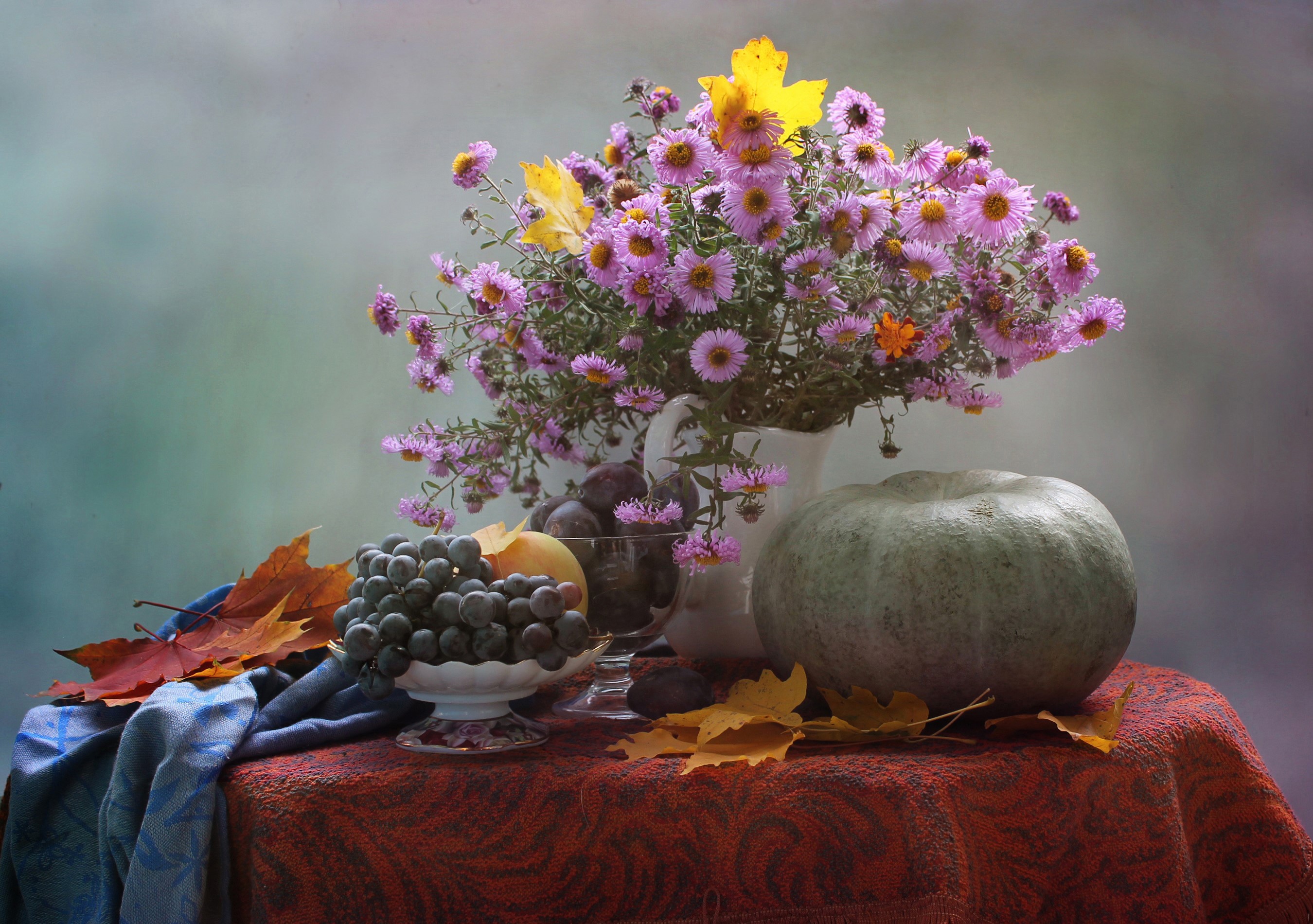 Still-life with asters, pumpkin, and grapes HD Wallpaper