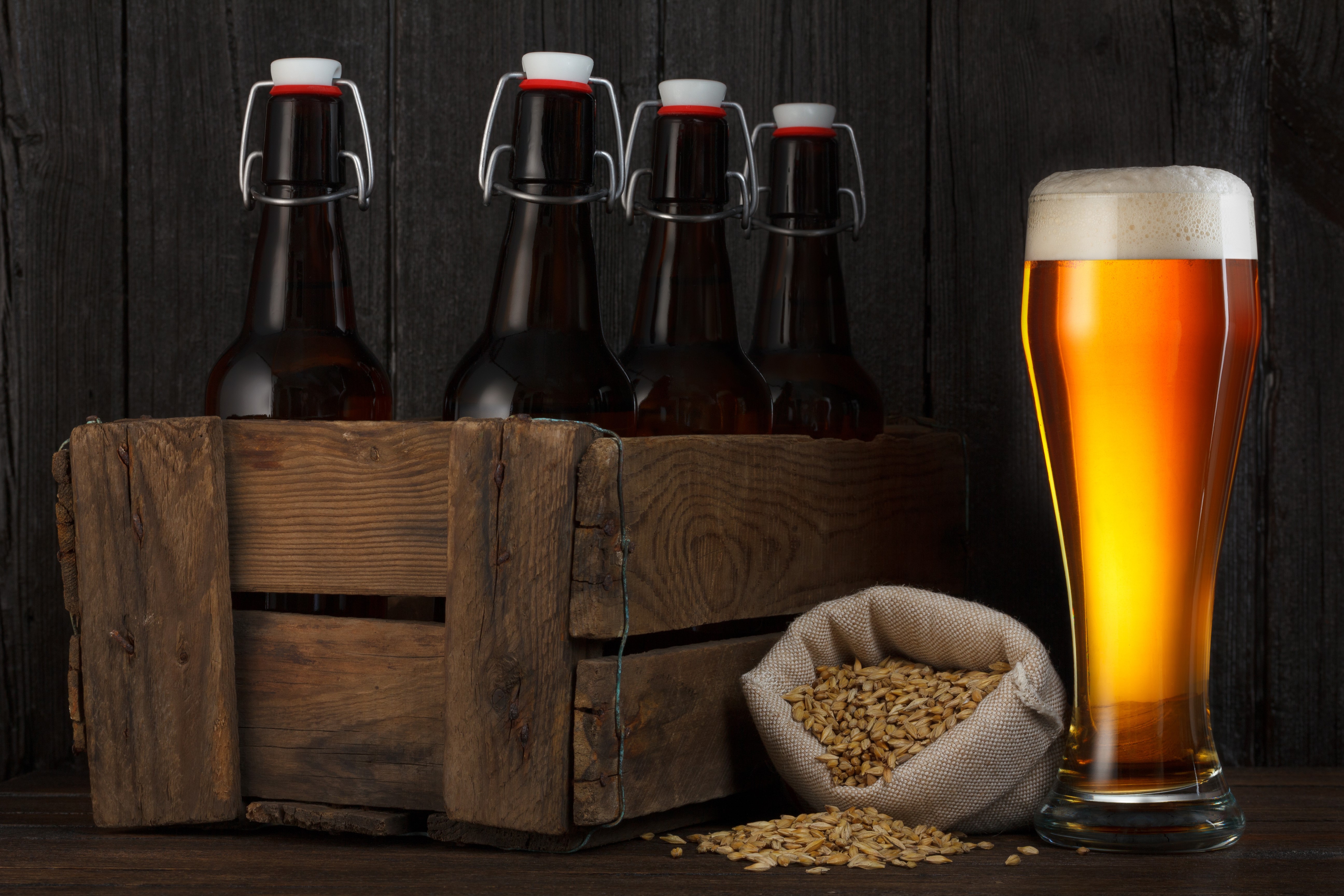Beer Bottles, Grain, and a Glass of Beer HD Wallpaper