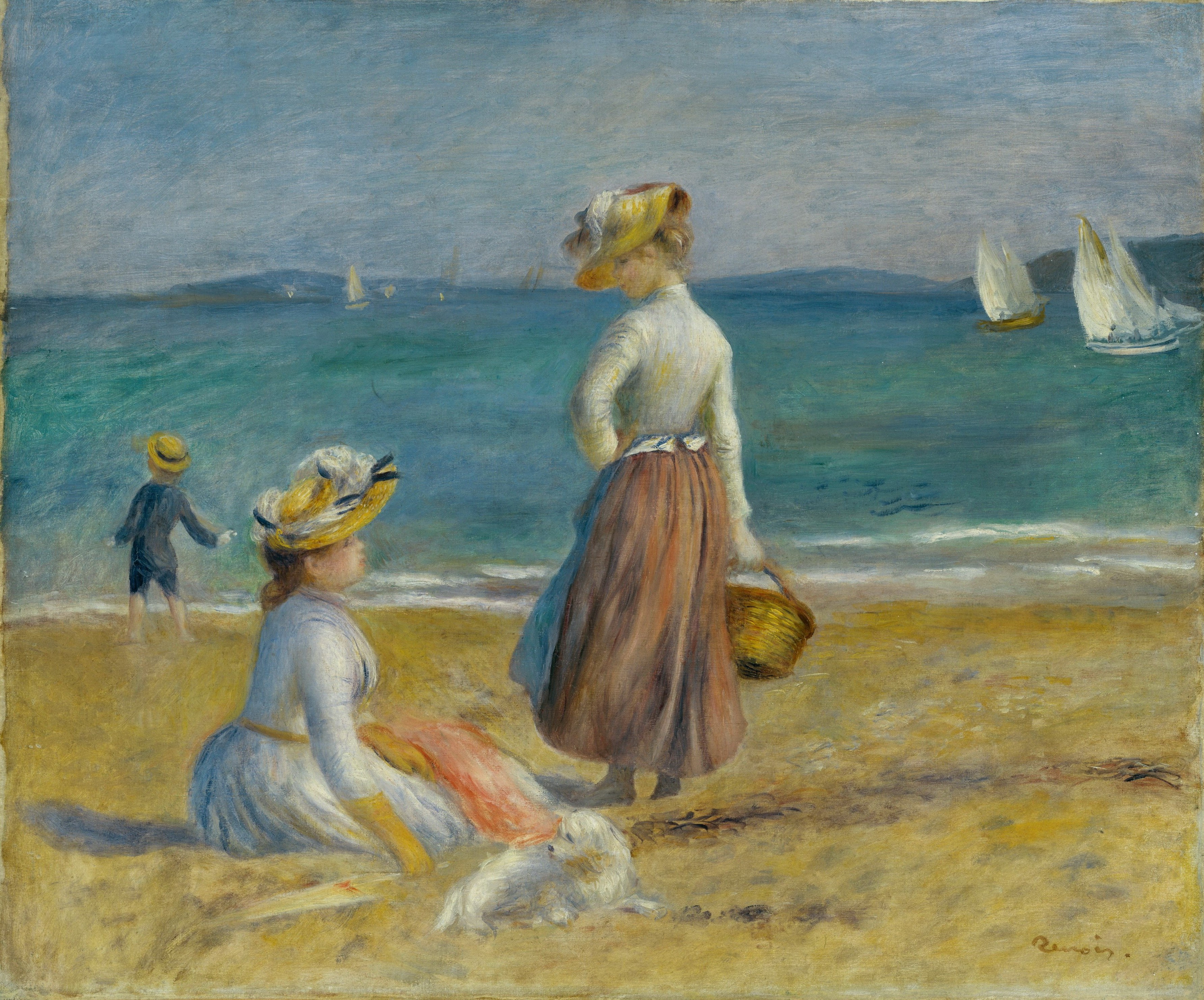 Two women and a child on a beach with sailboats HD Wallpaper