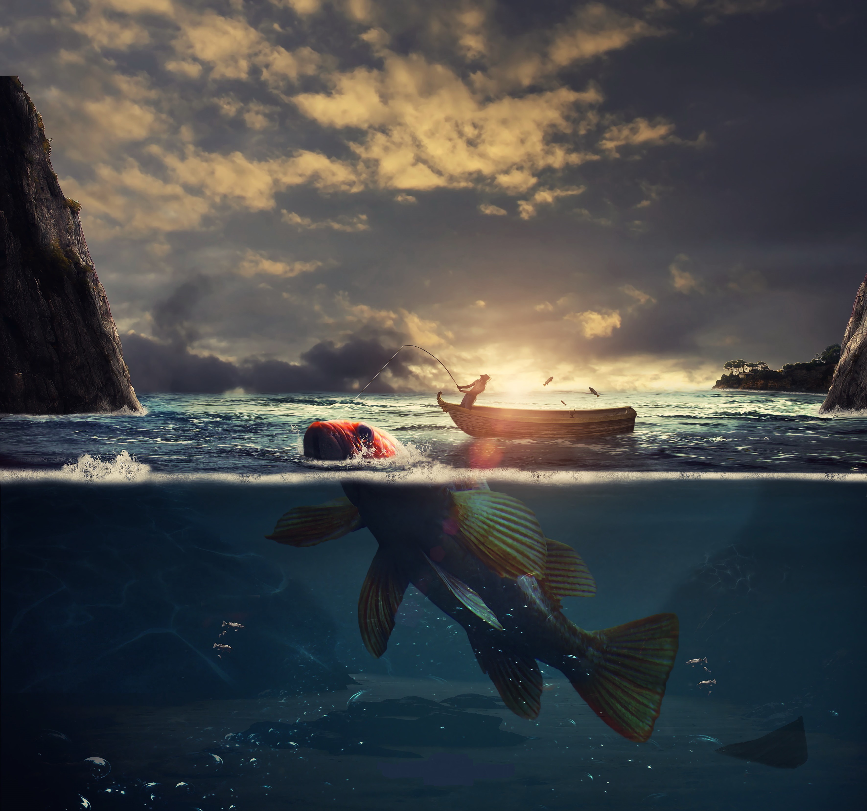 Fisherman in a boat catches a giant fish HD Wallpaper