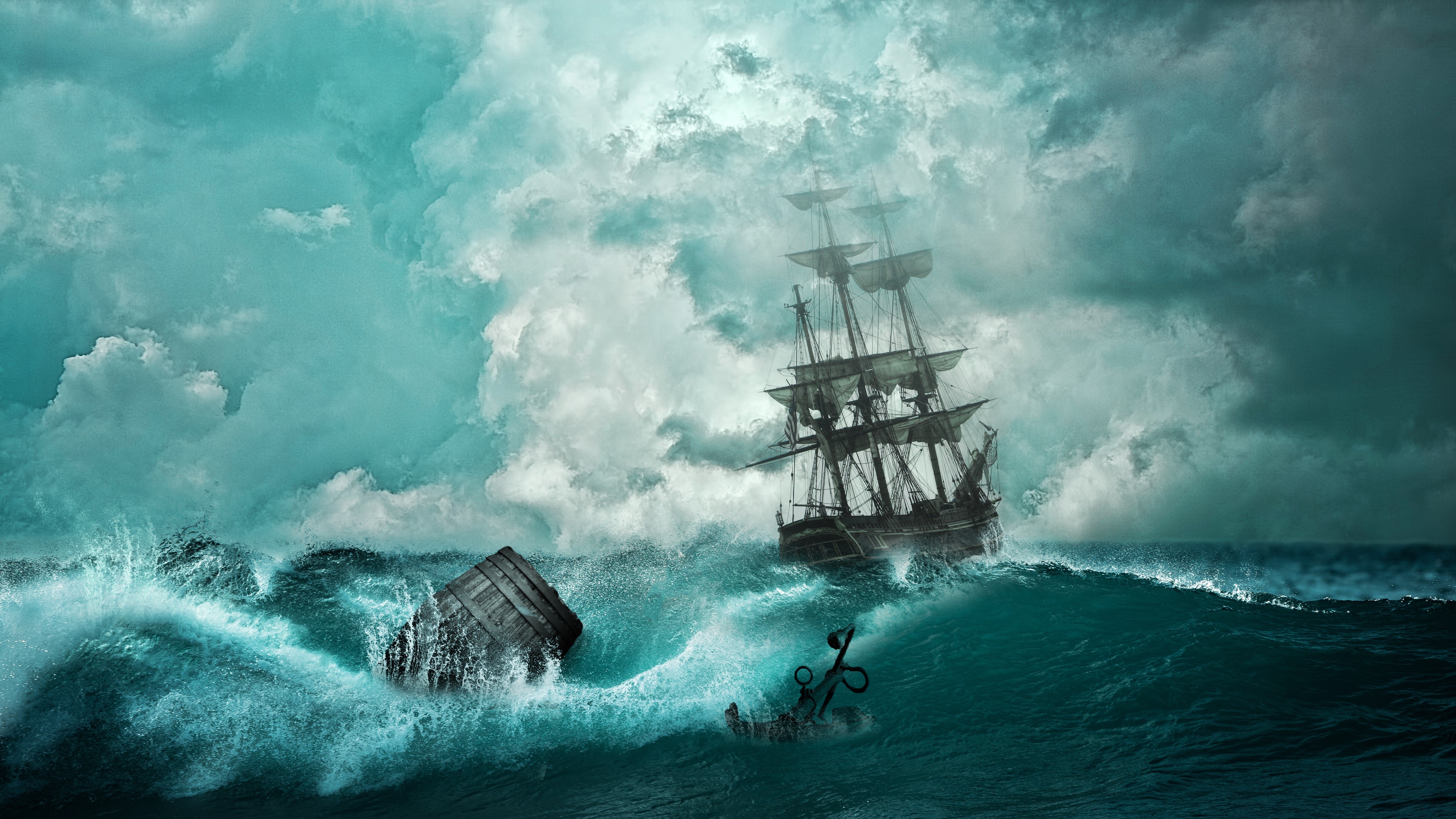 Pirate ship in a stormy sea with a barrel and anchor HD Wallpaper