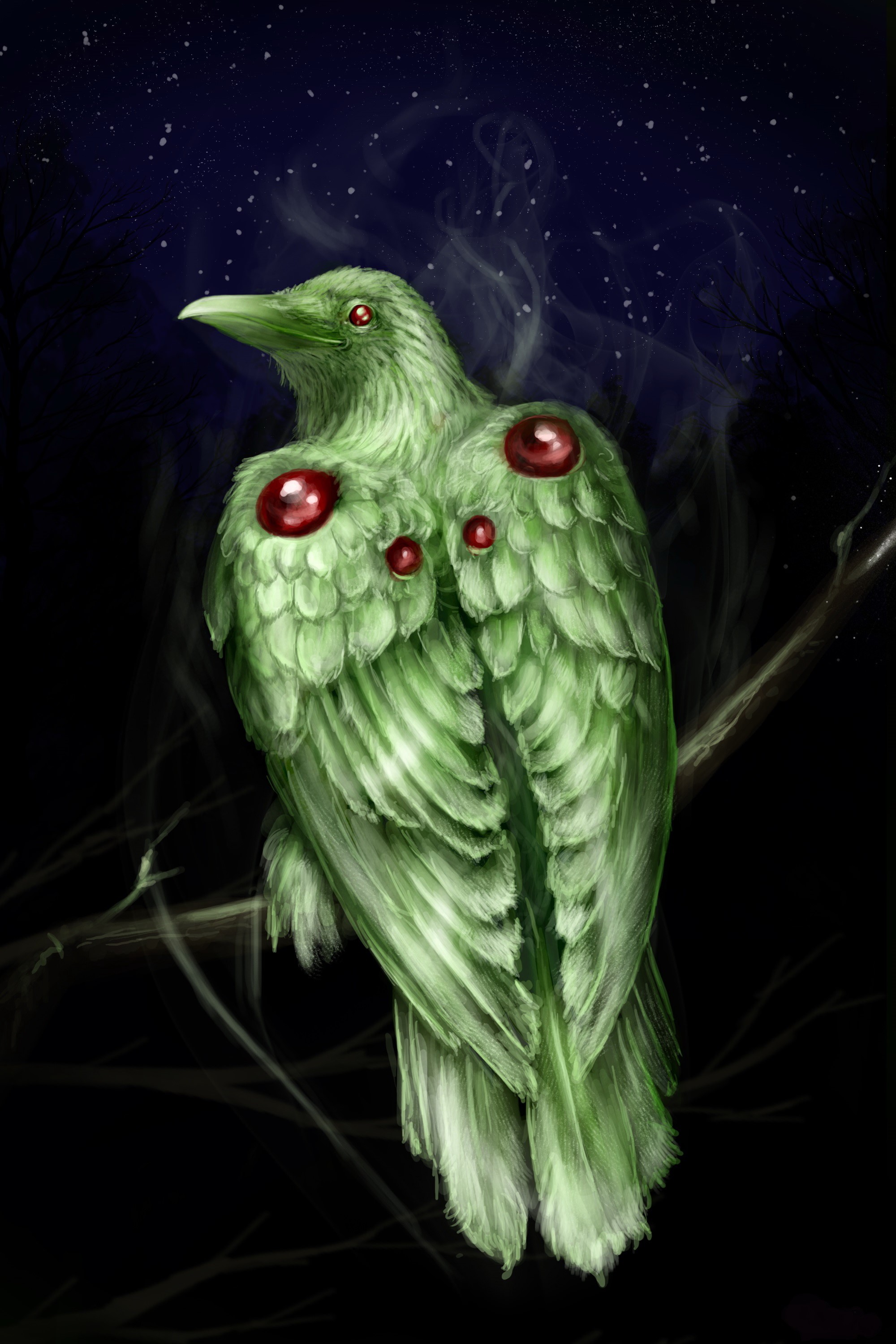 Green magical bird with red gems on a branch HD Phone Wallpaper