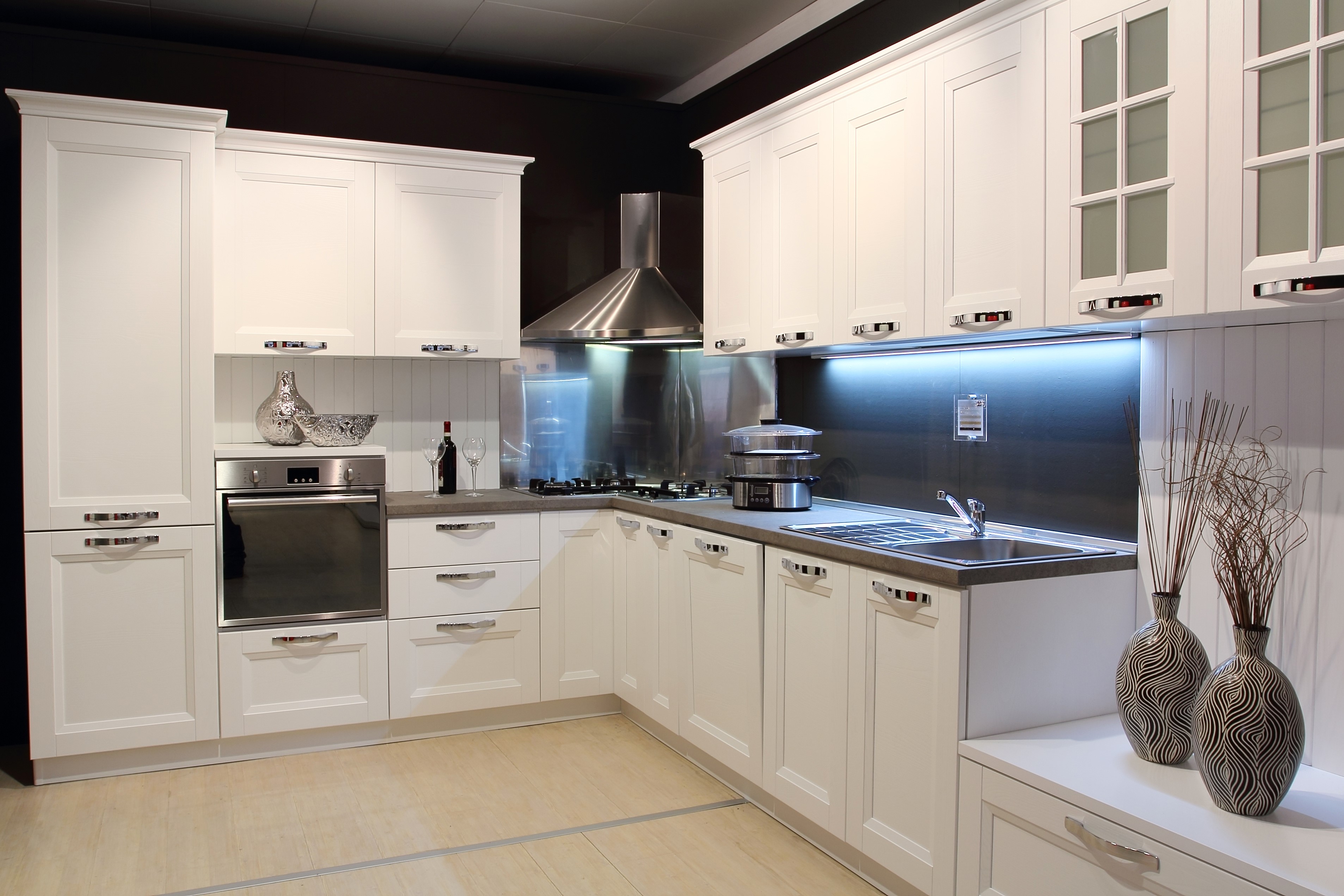 Modern white kitchen with stainless steel appliances HD Wallpaper
